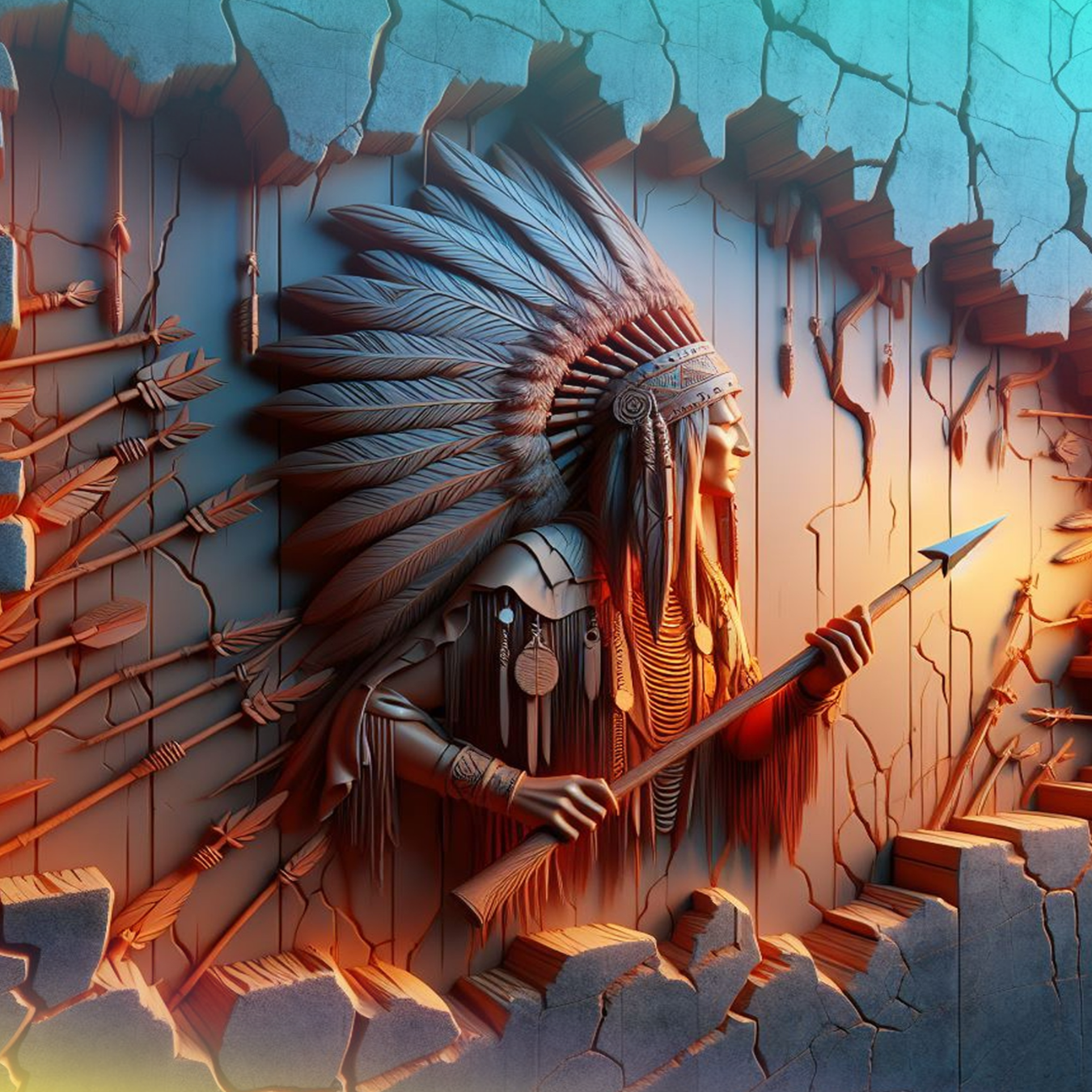 Native American warrior in headdress holding spear, surrounded by arrows.