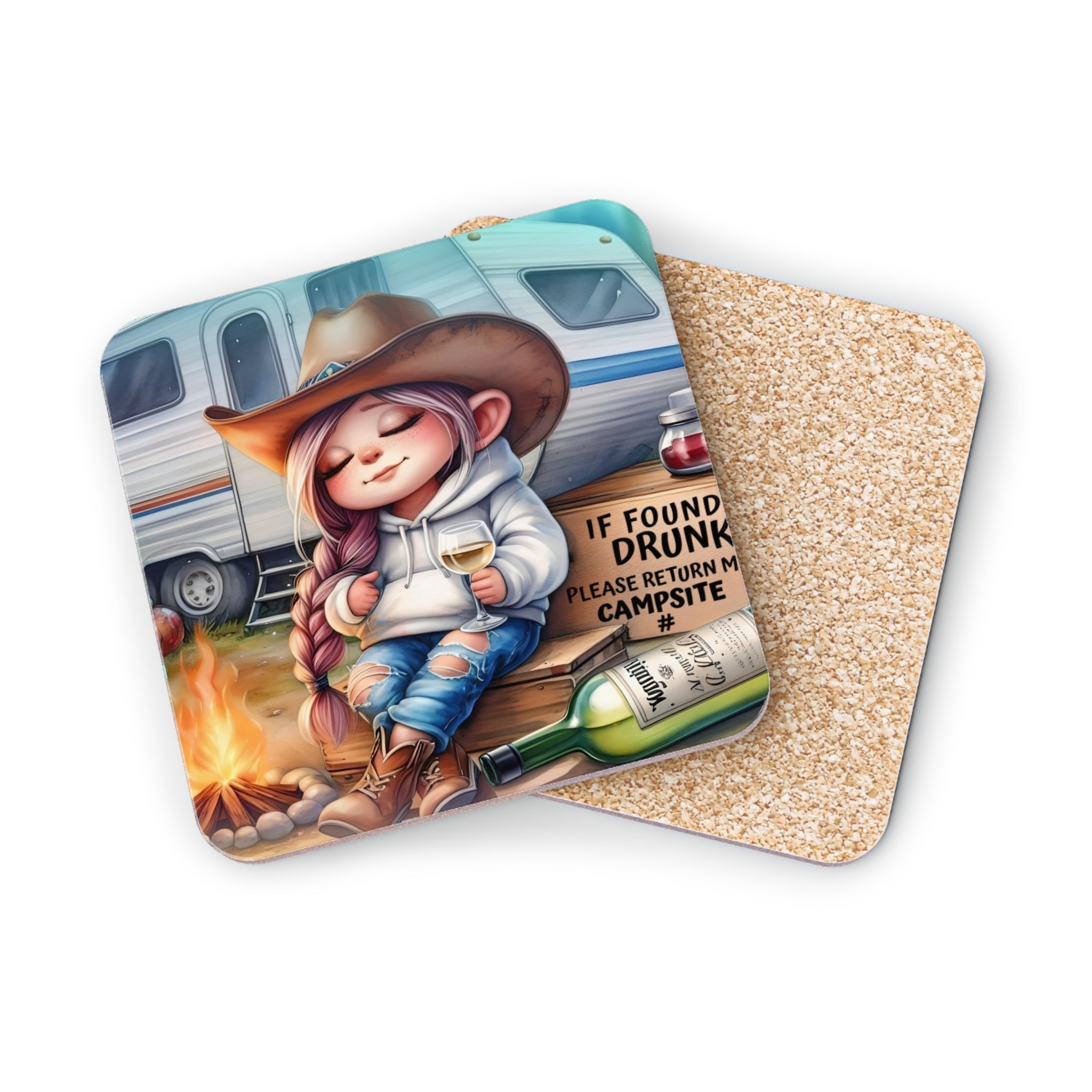 Coaster with cartoon girl in cowboy hat and text "IF DRUNK PLEASE RETURN ME CAMPSITE".