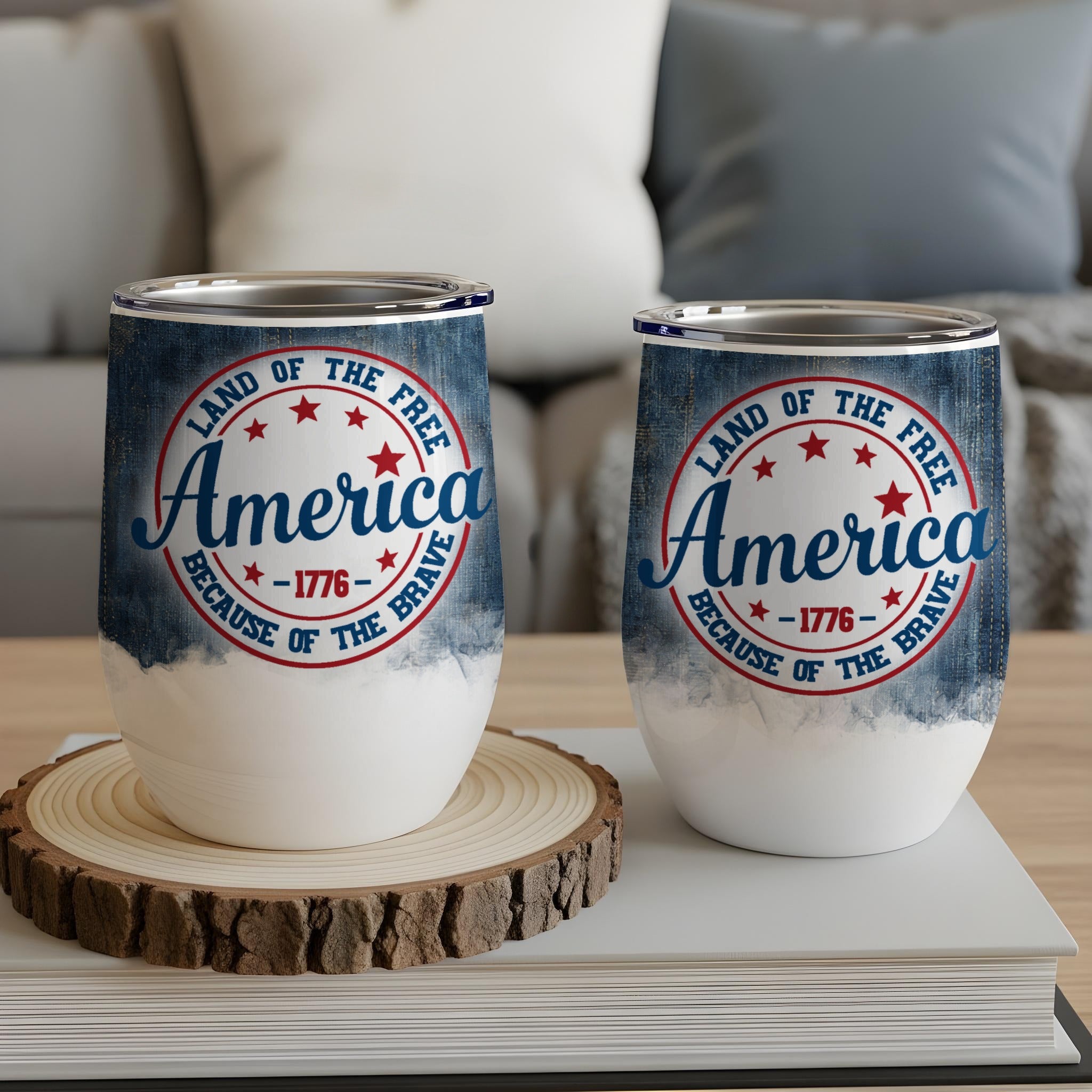 Two wine tumblers with "America Land of the Free Because of the Brave" text.