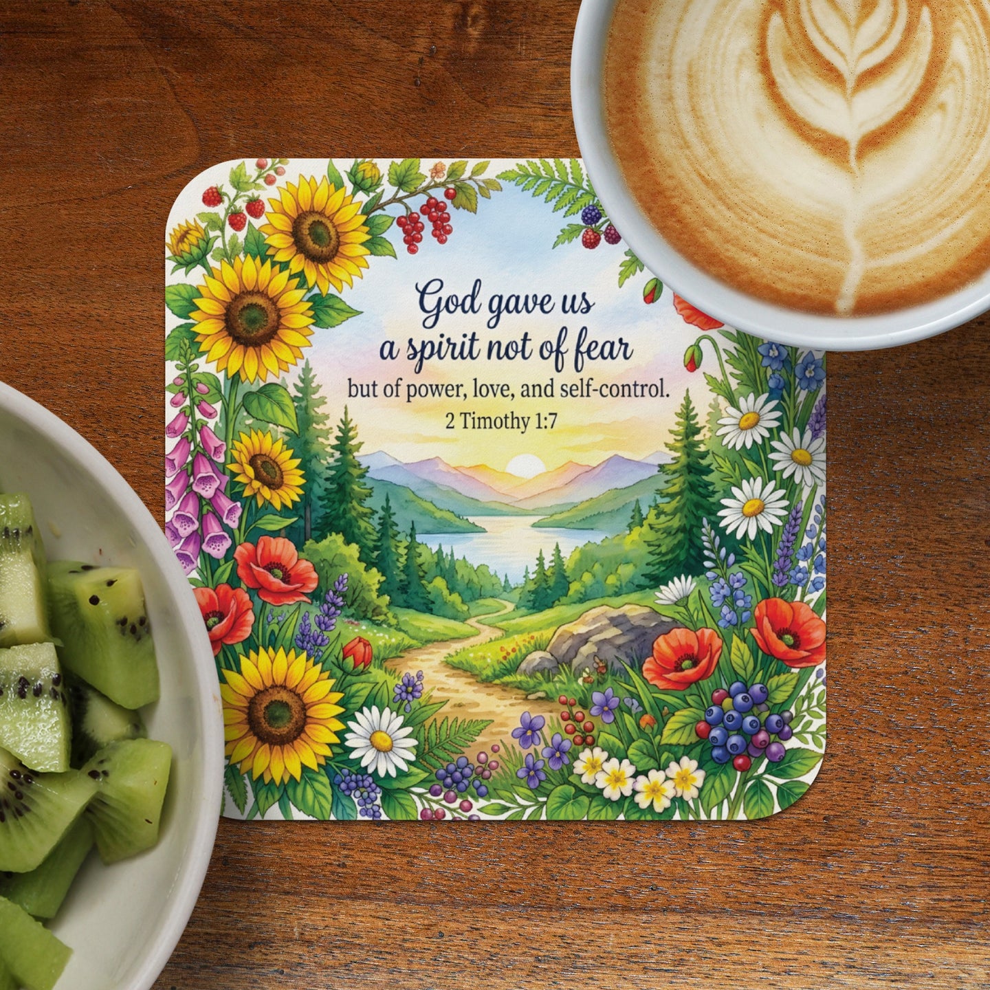 Coaster with Bible verse "God gave us a spirit not of fear but of power, love, and self-control."