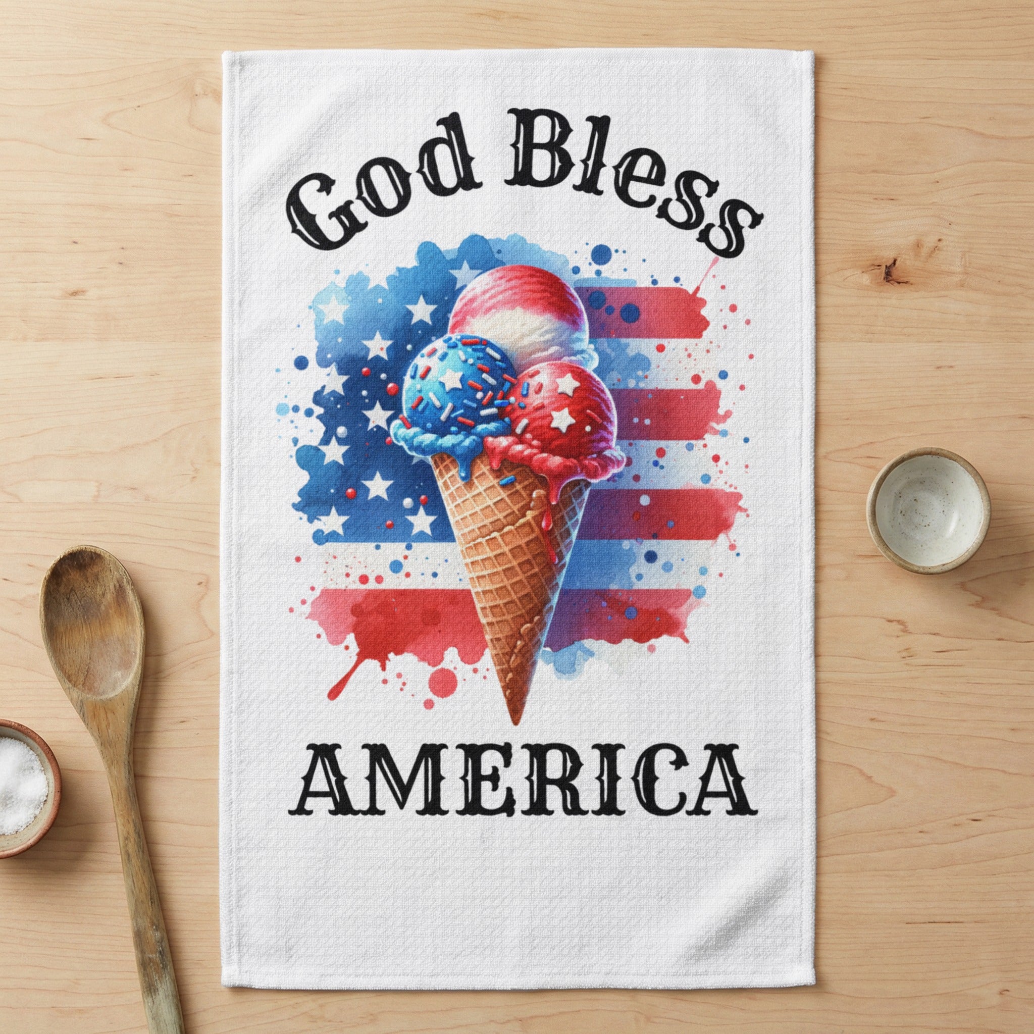 God Bless America text with patriotic ice cream cone art.
