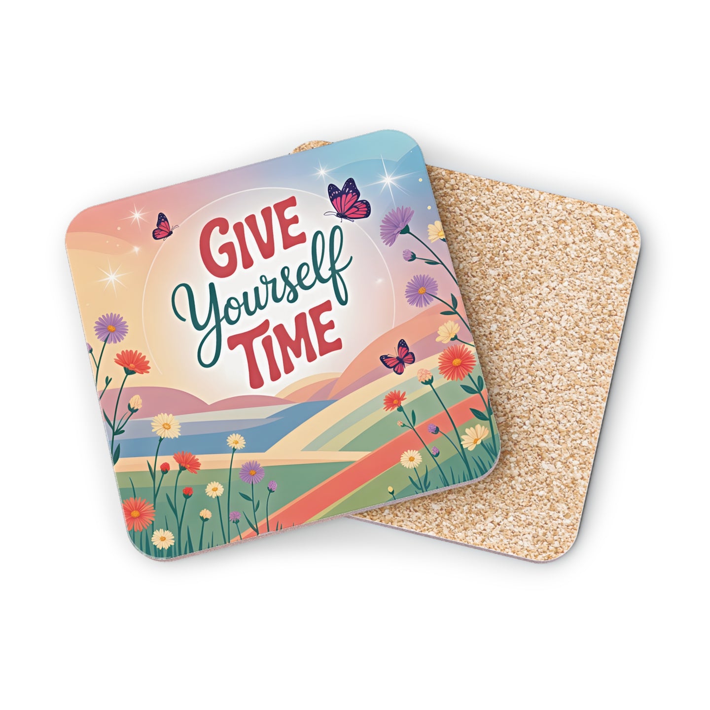 Coaster with "Give Yourself Time" text, floral, and butterfly design.