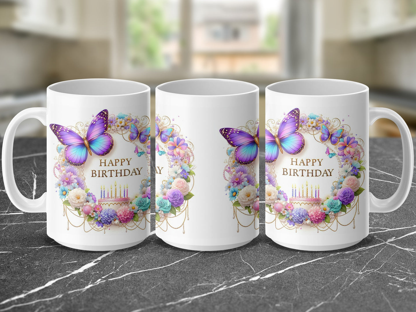 Three white mugs featuring a "Happy Birthday" design with butterflies and floral wreath.