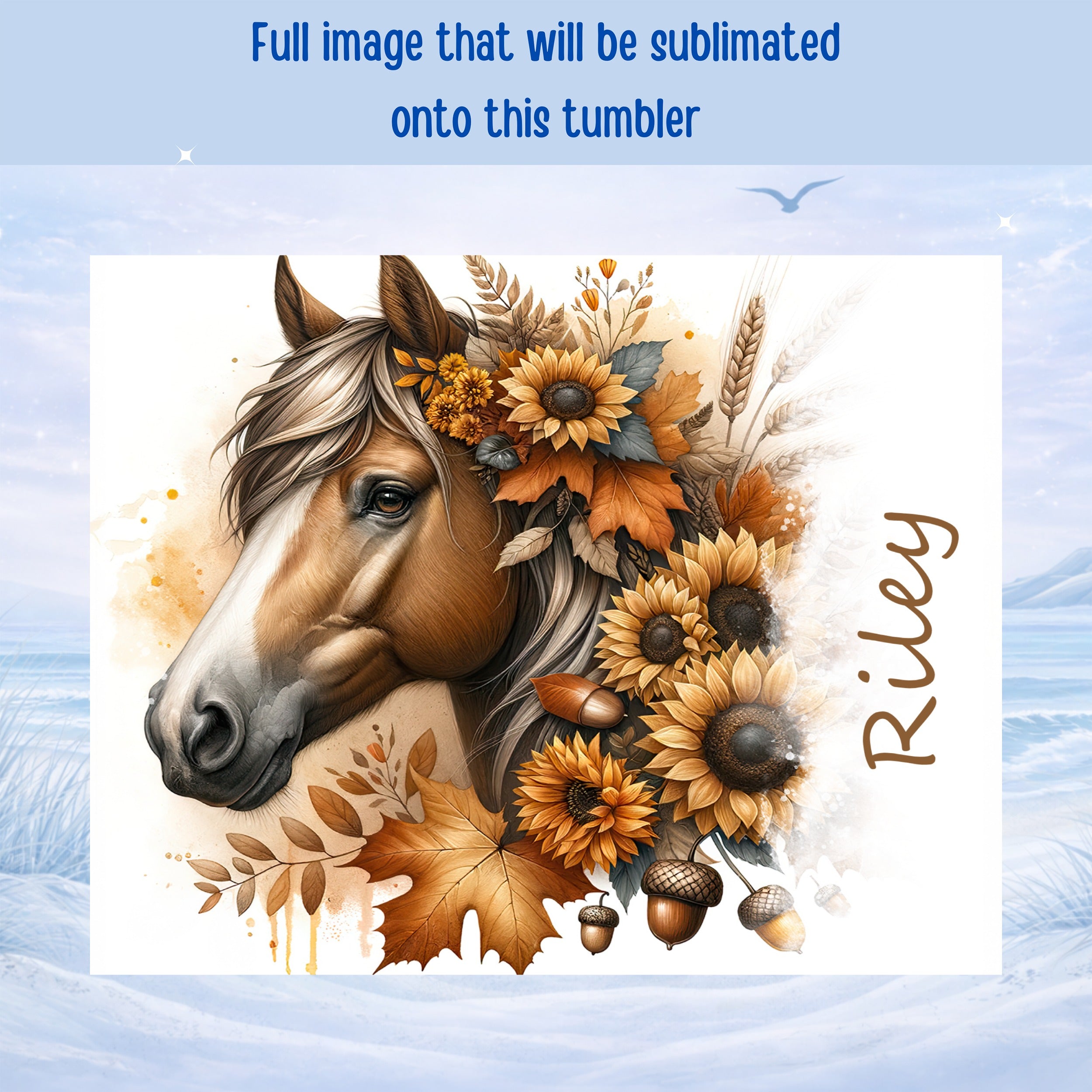 Horse head with sunflowers, autumn leaves, acorns, and name "Riley".