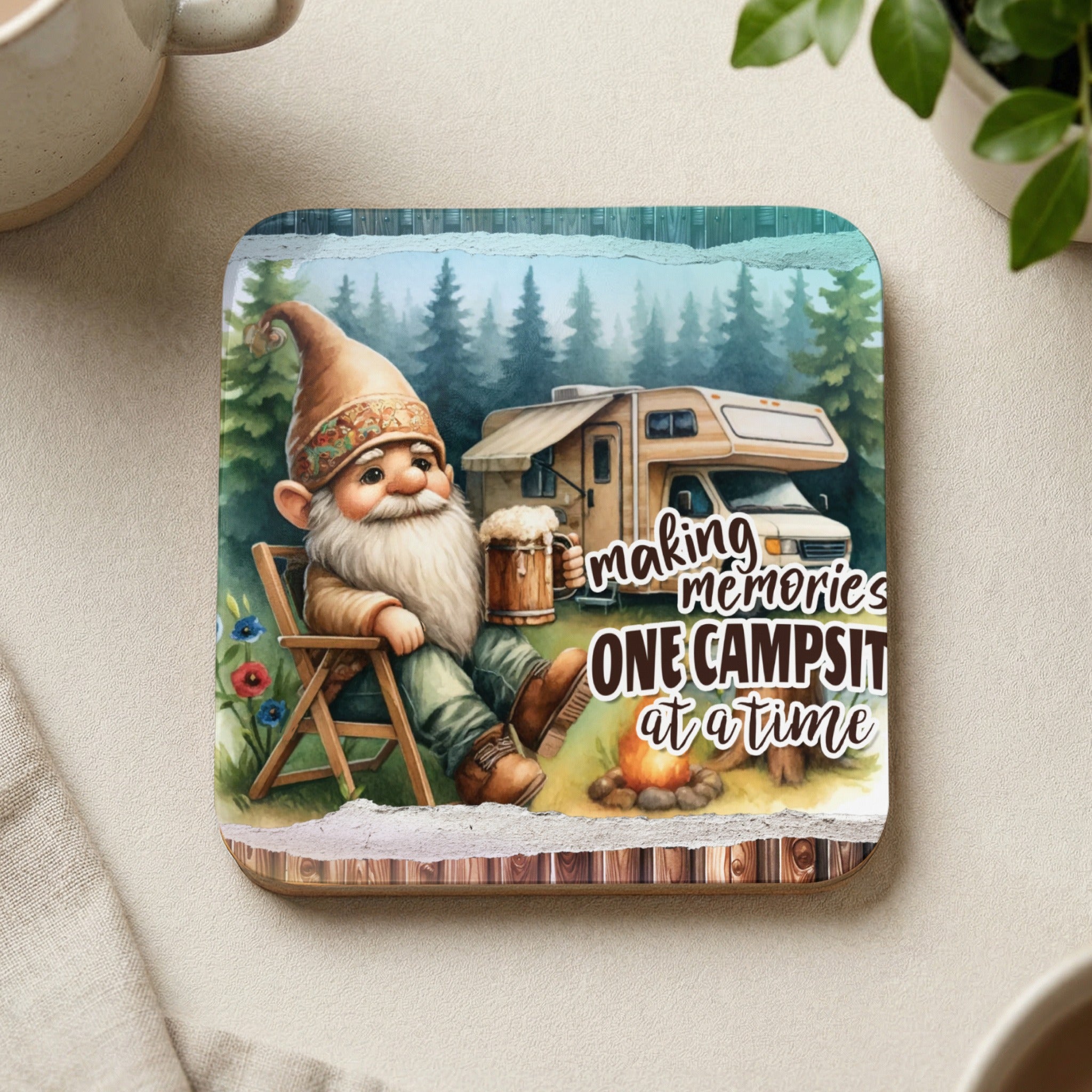 Gnome sitting in chair with beer, camper, and campfire, text reads "making memories one camp-sit at a time".