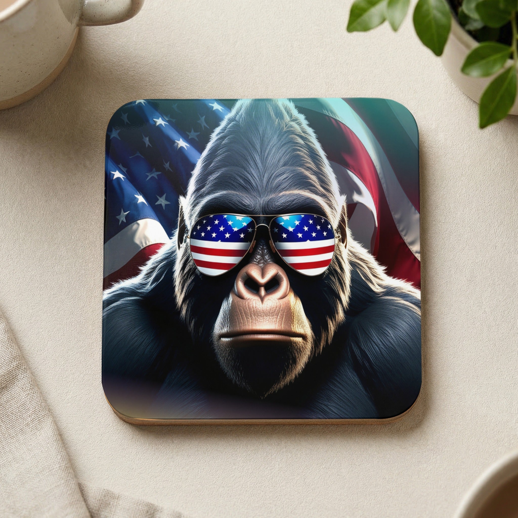 Gorilla wearing American flag sunglasses against a blurred American flag background.