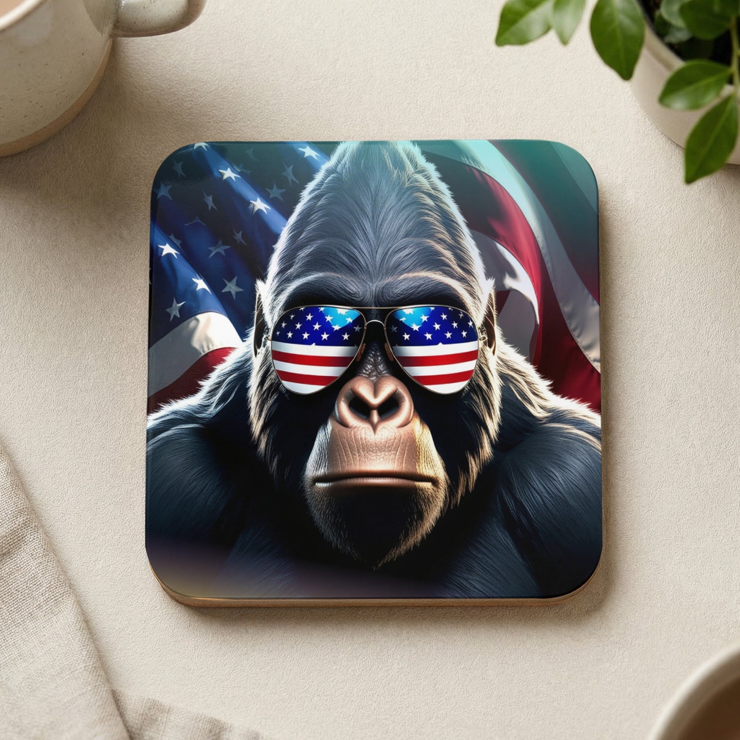 Gorilla wearing American flag sunglasses against a blurred American flag background.