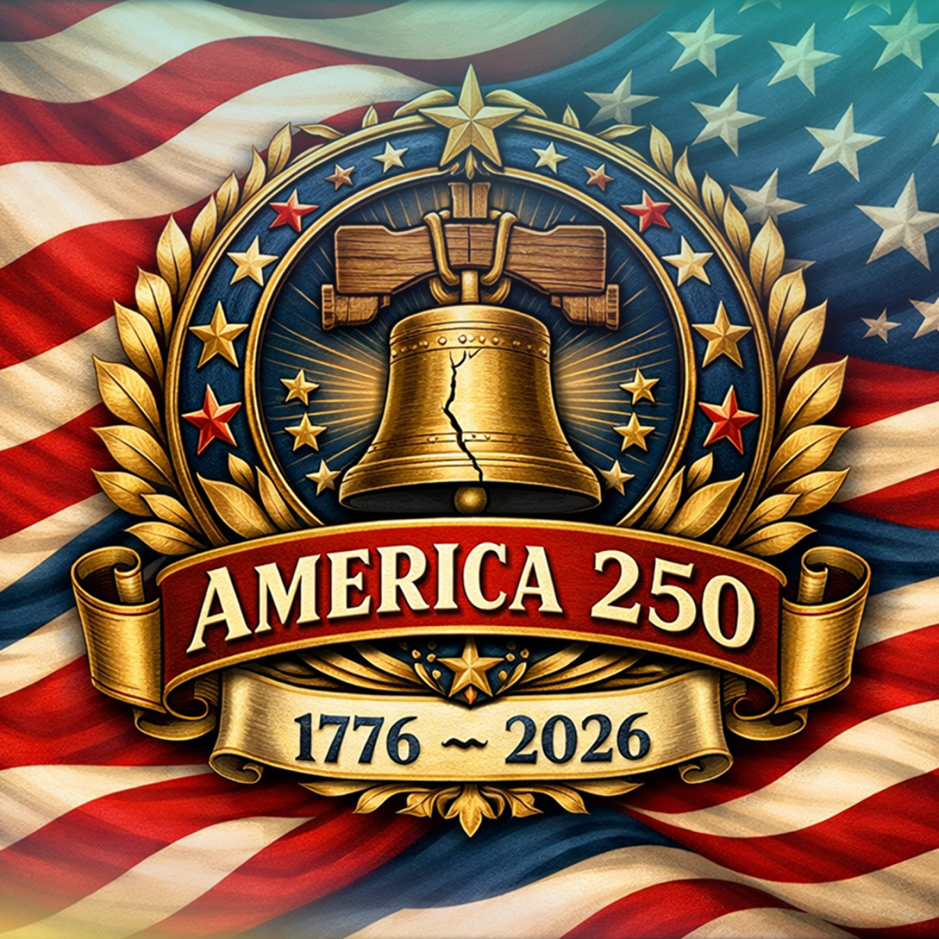 America 250 logo with Liberty Bell and dates 1776-2026 against US flag.