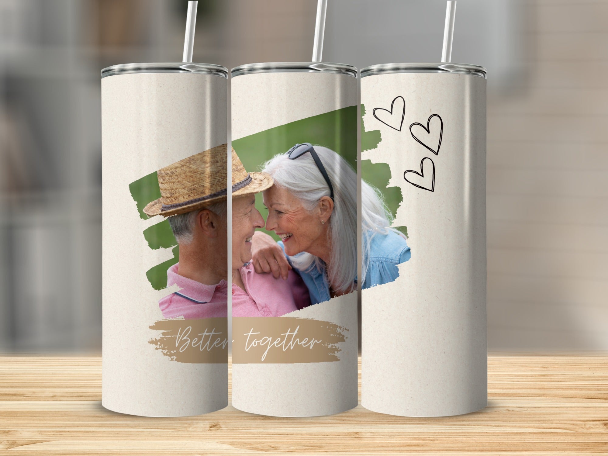 Couple embracing with "Better together" text and hearts on a tumbler.
