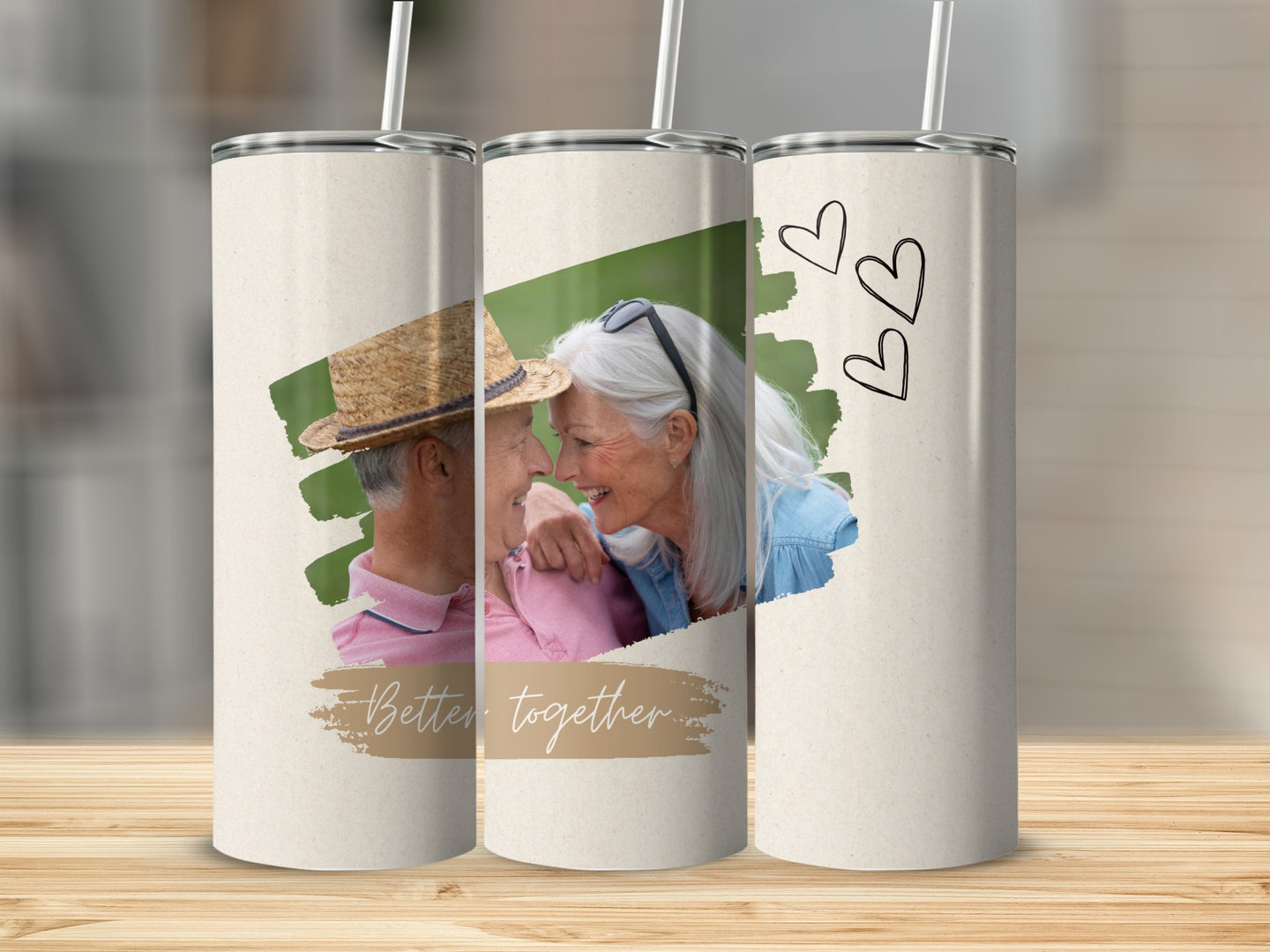 Couple embracing with "Better together" text and hearts on a tumbler.