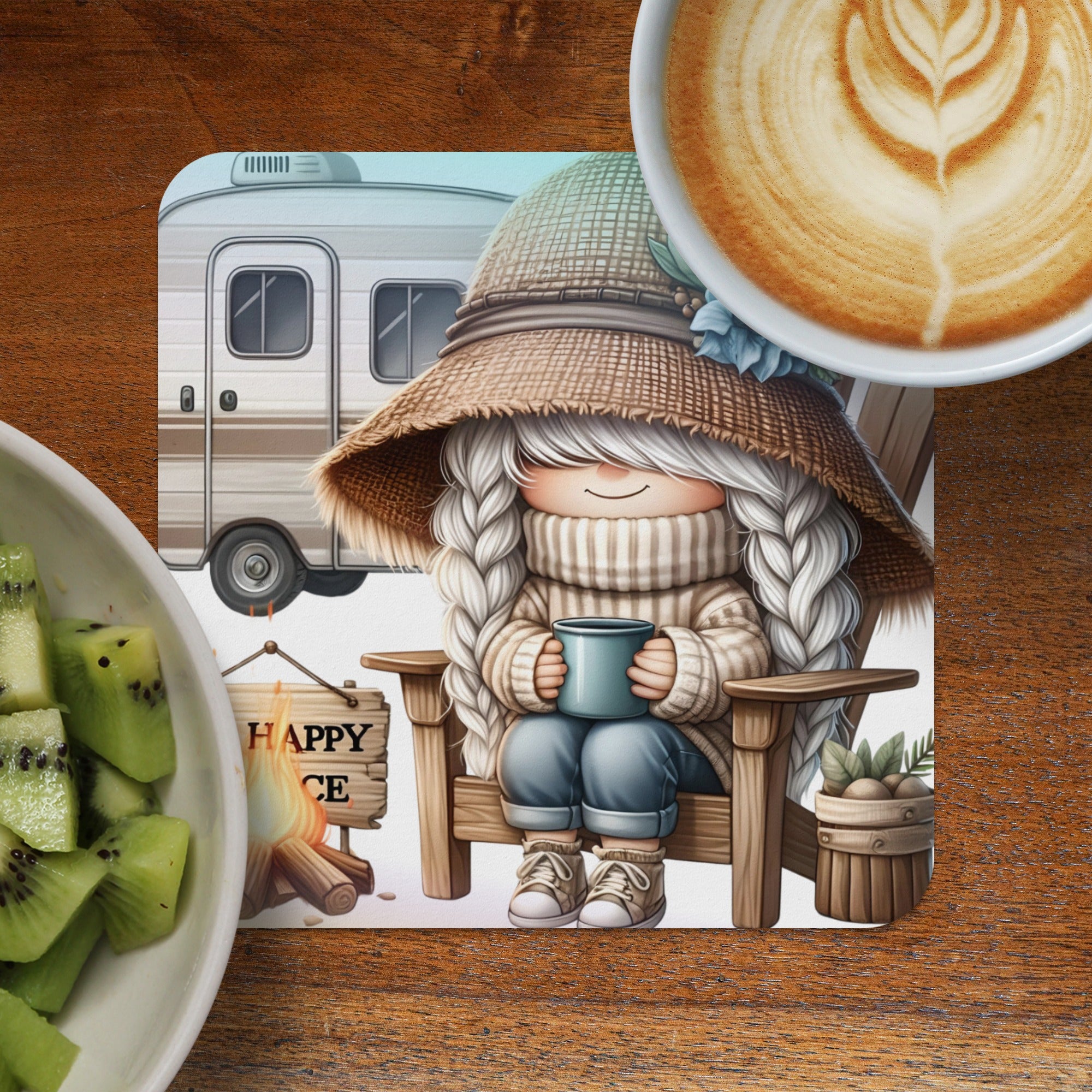 Woman in straw hat holding mug by campfire next to RV and fruit.