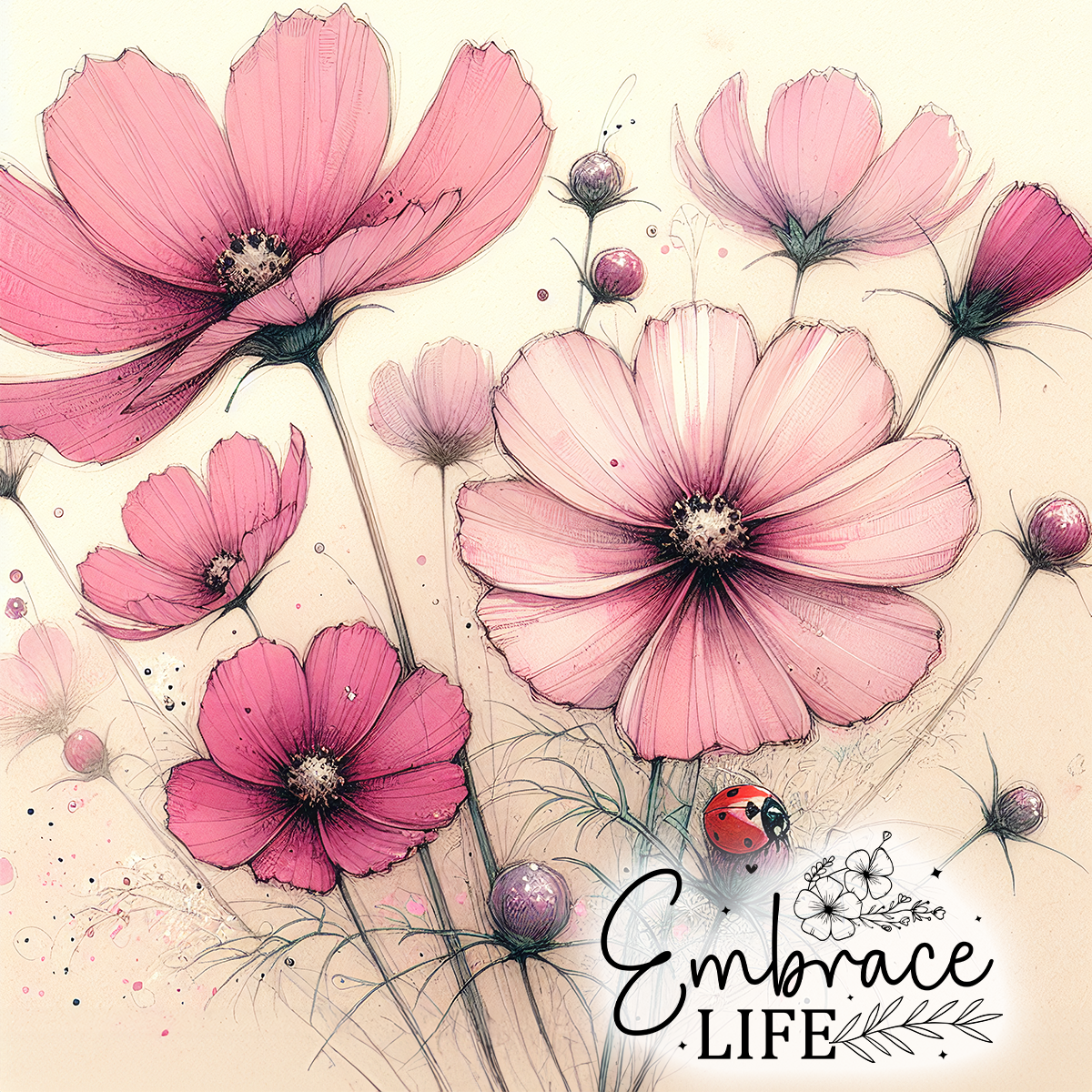Pink cosmos flowers with a ladybug and the text "Embrace Life."