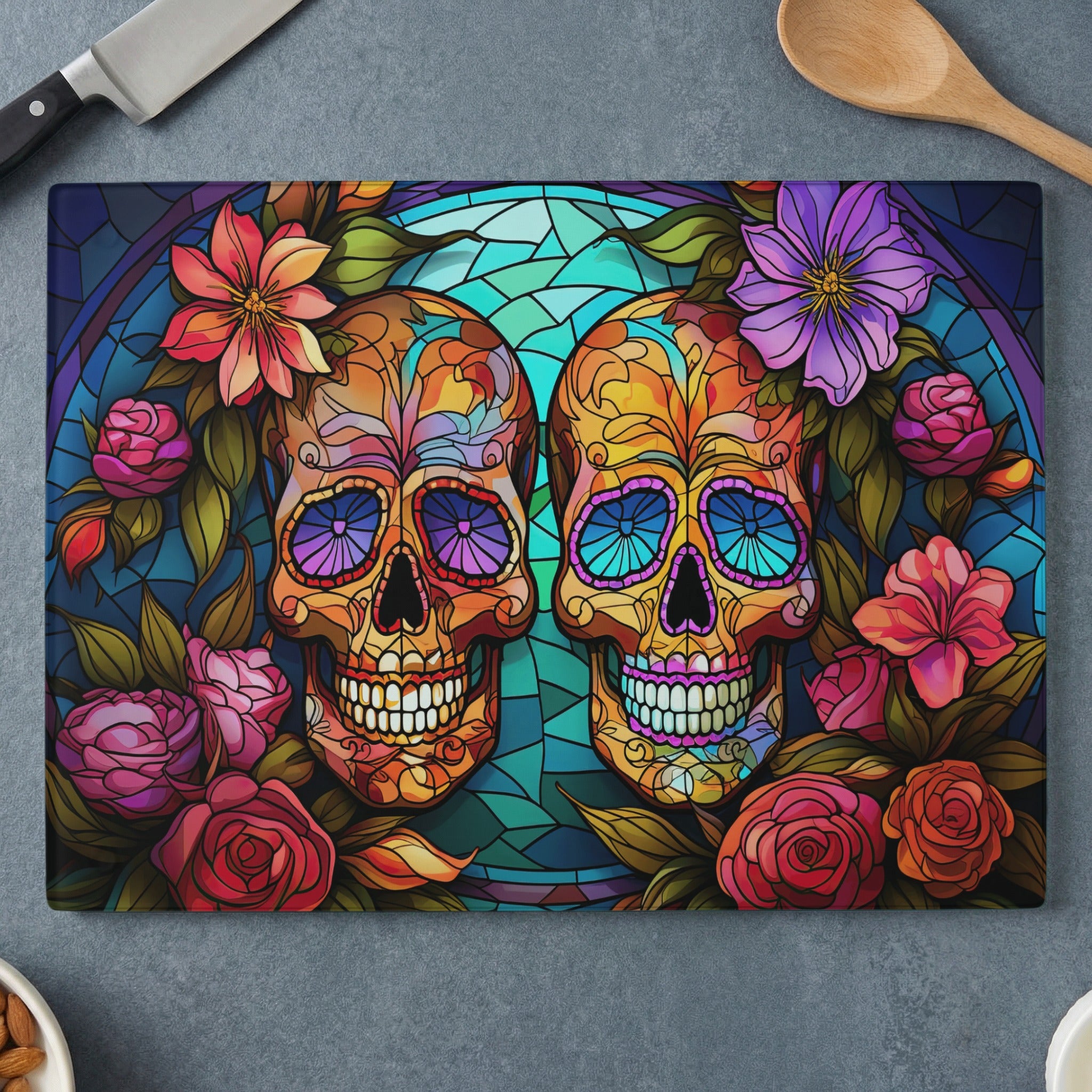 Stained glass-style skulls with floral accents on a cutting board.