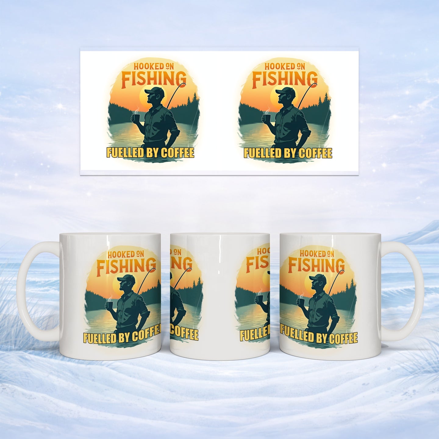 Mug with fishing graphic and text "Hooked on Fishing Fuelled by Coffee".