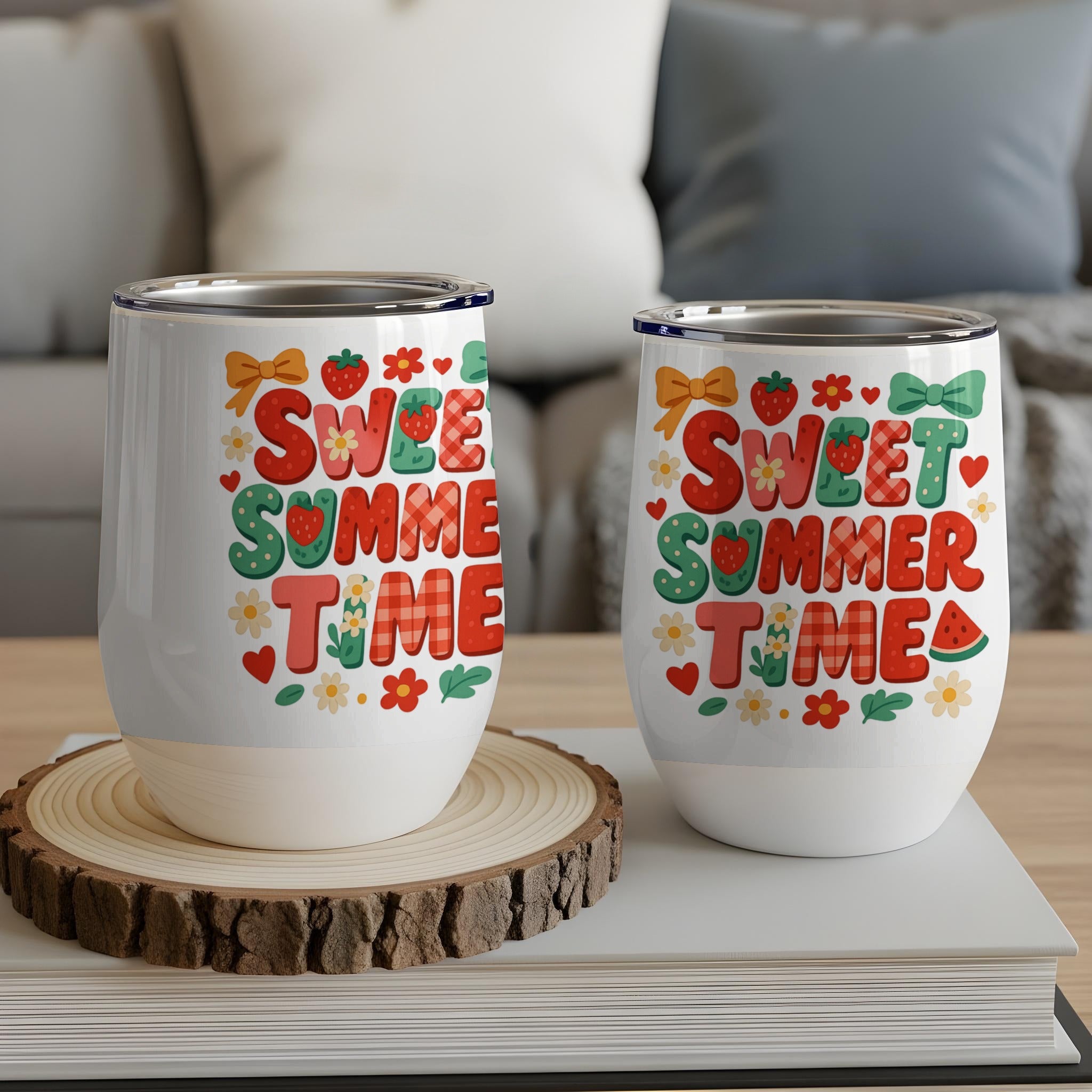Two tumblers with "Sweet Summer Time" text and strawberry graphics.