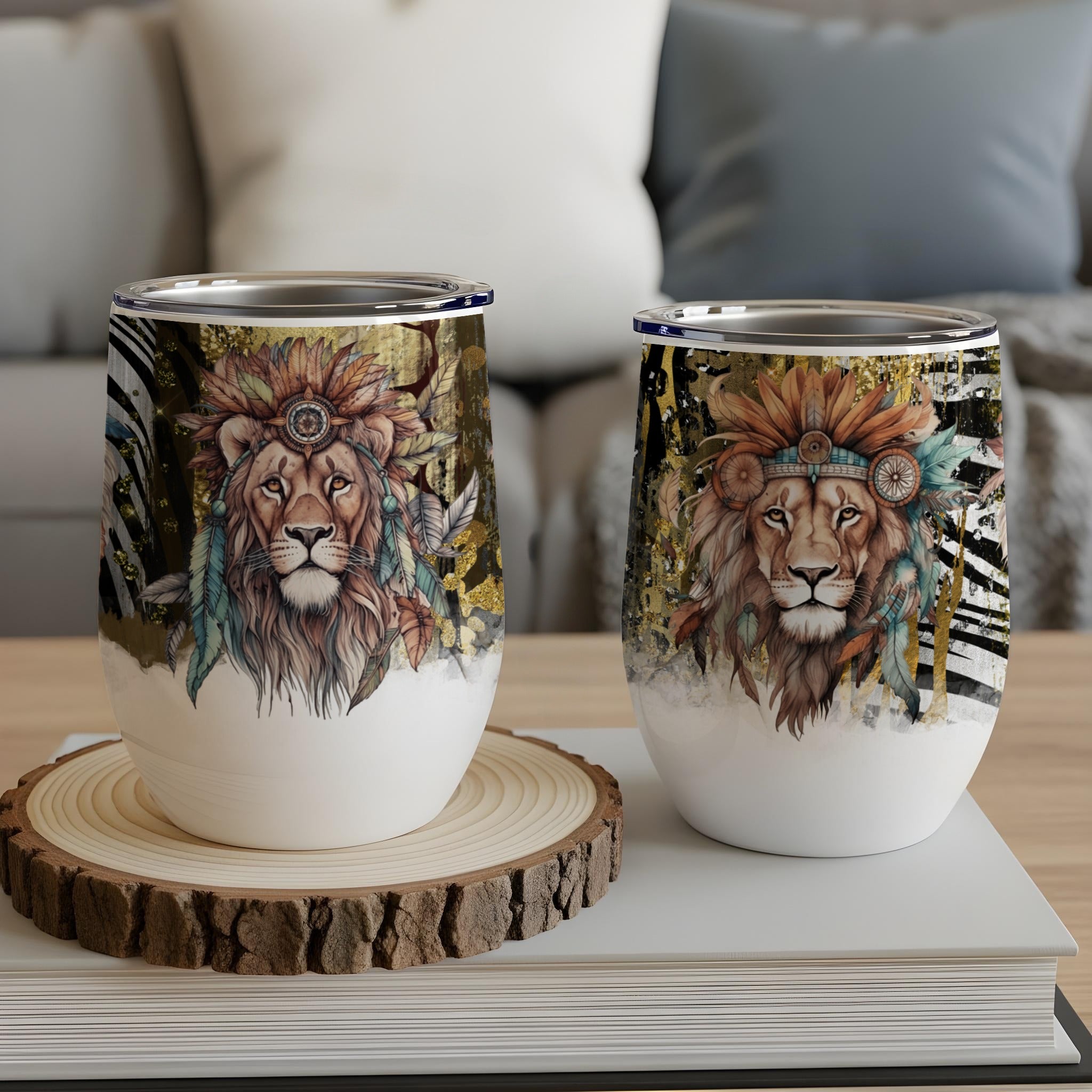 Two wine tumblers featuring a lion's head with Native American headdress.