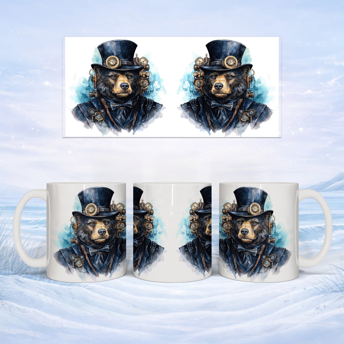 Steampunk bear in top hat and goggles, repeated on a white mug.