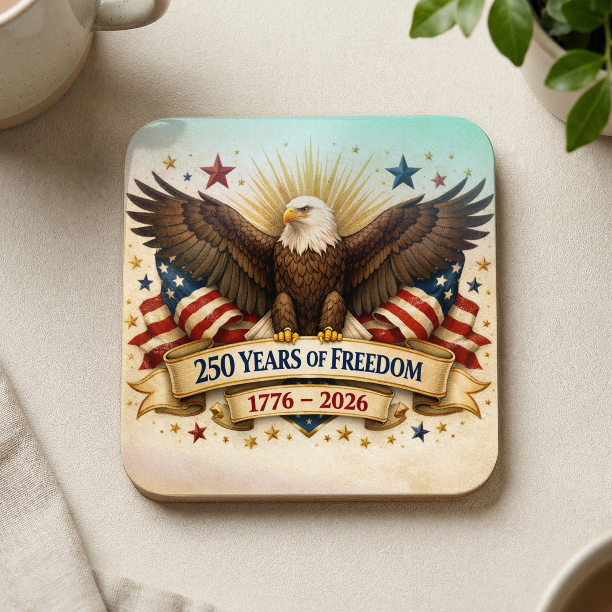 American bald eagle with wings spread, stars, and a banner reading "250 Years of Freedom 1776-2026."