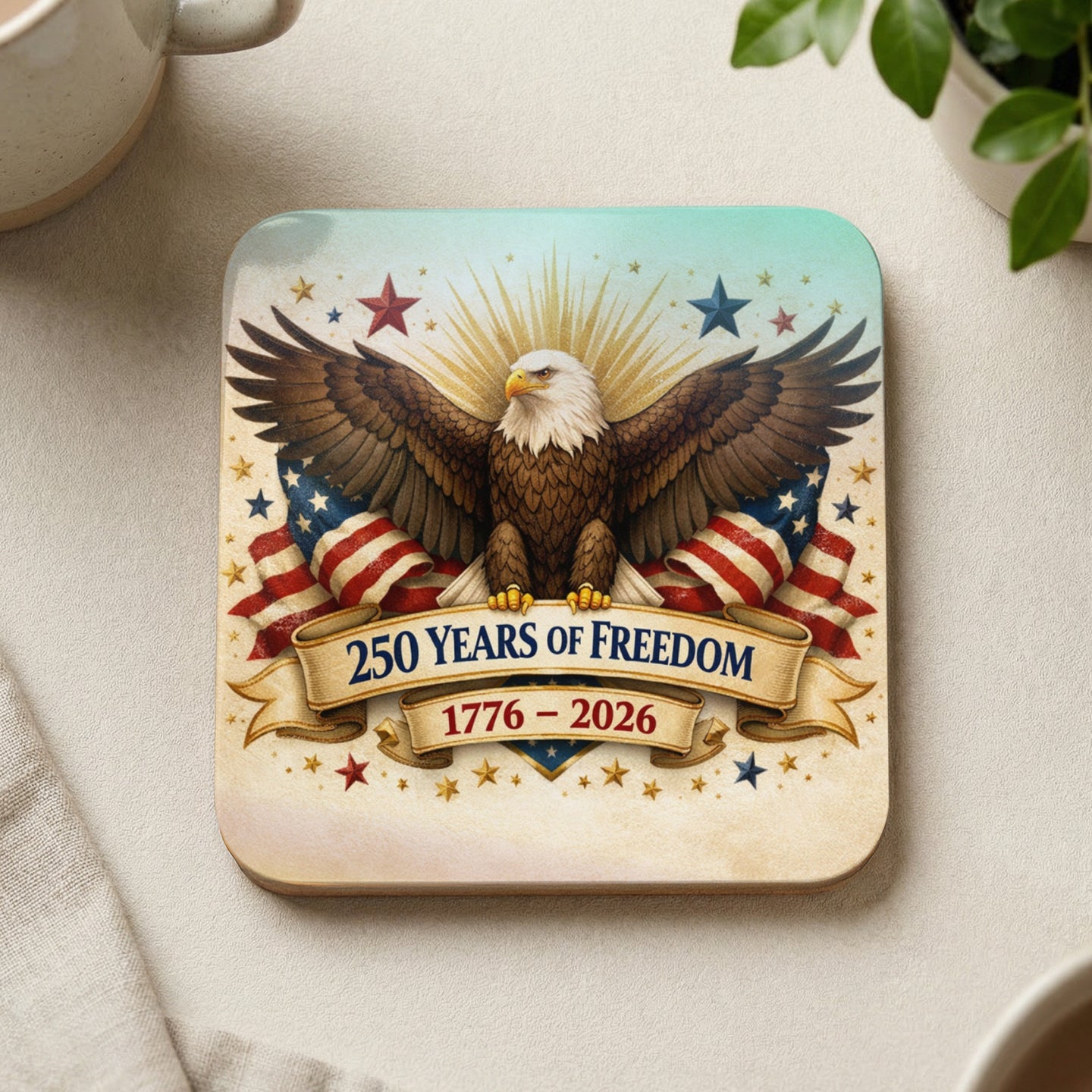 American bald eagle with wings spread, stars, and a banner reading "250 Years of Freedom 1776-2026."