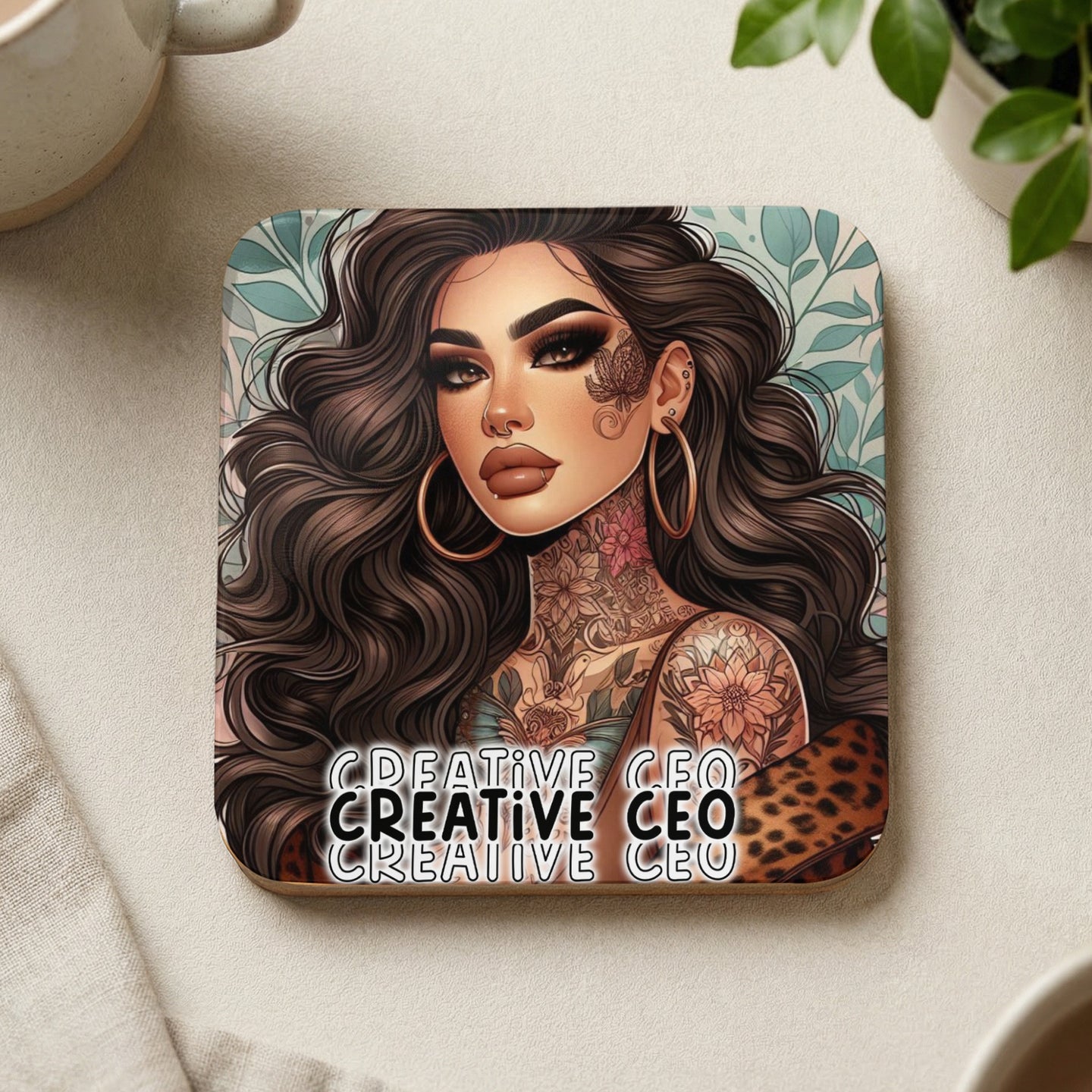 Tattooed woman with leopard print collar, "CREATIVE CEO" text.