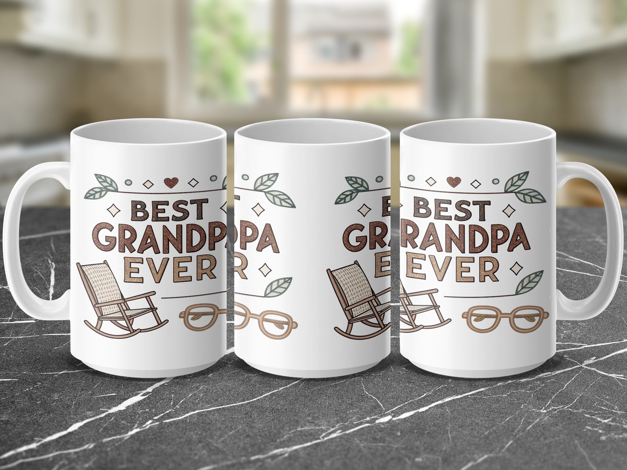 Three white mugs with "Best Grandpa Ever" and graphics of rocking chairs and glasses.