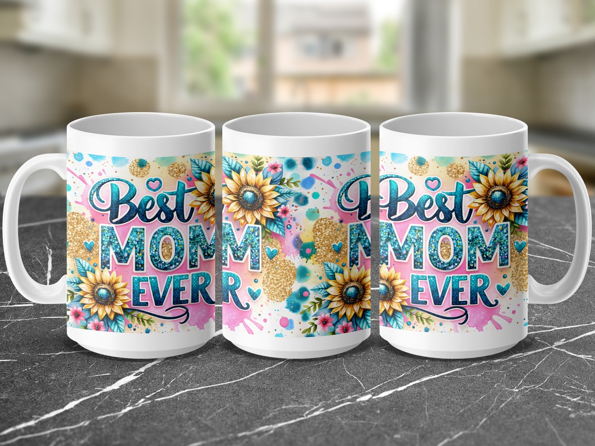 Three mugs with "Best Mom Ever" and floral design.