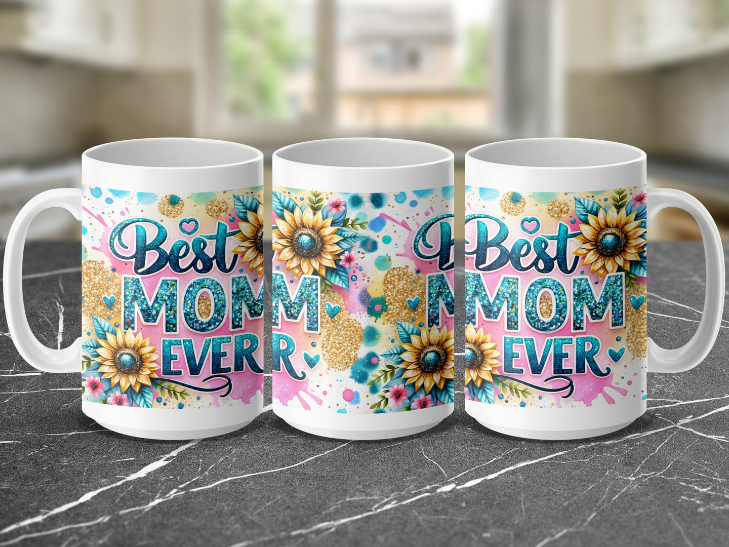Three mugs with "Best Mom Ever" and floral design.