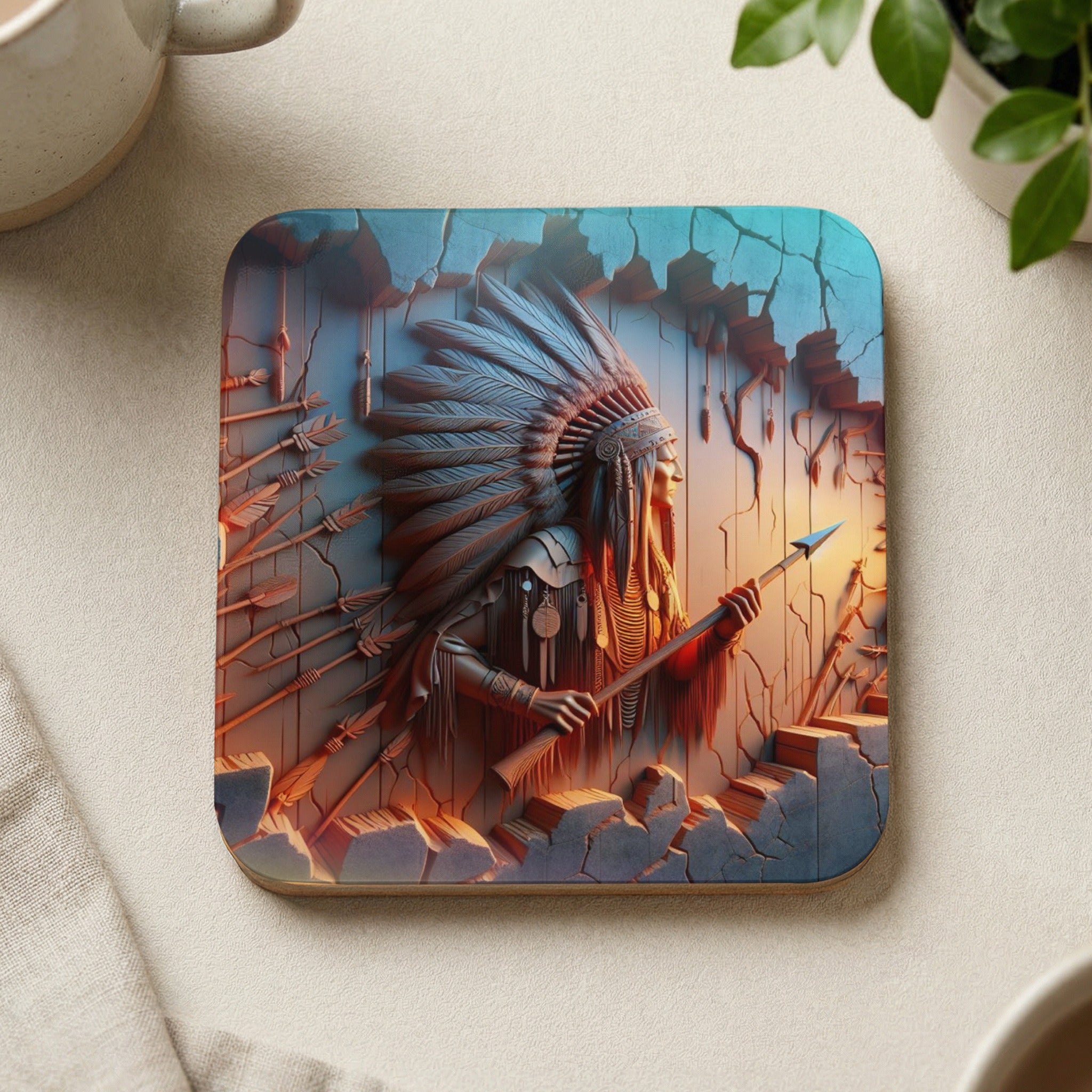 Coaster with Native American chief in headdress holding arrow.