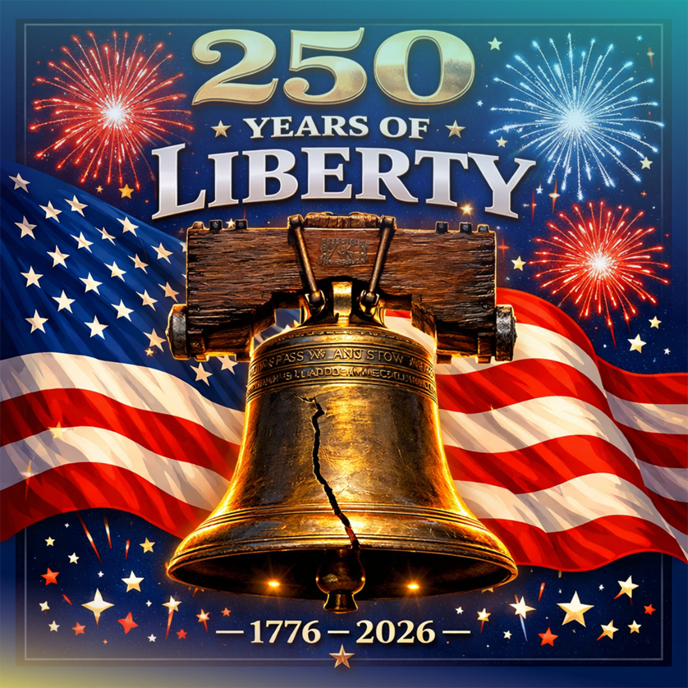 Liberty Bell with American flag and fireworks, celebrating 250 years of liberty.