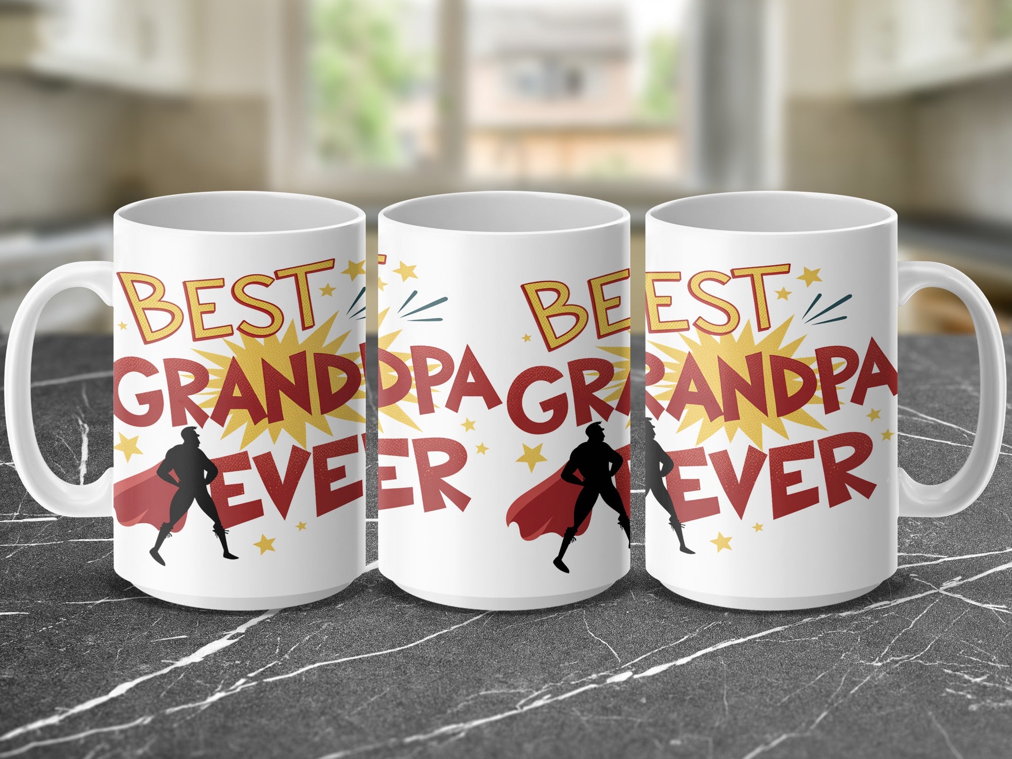 Three mugs with "BEST GRANDPA EVER" and superhero graphics.
