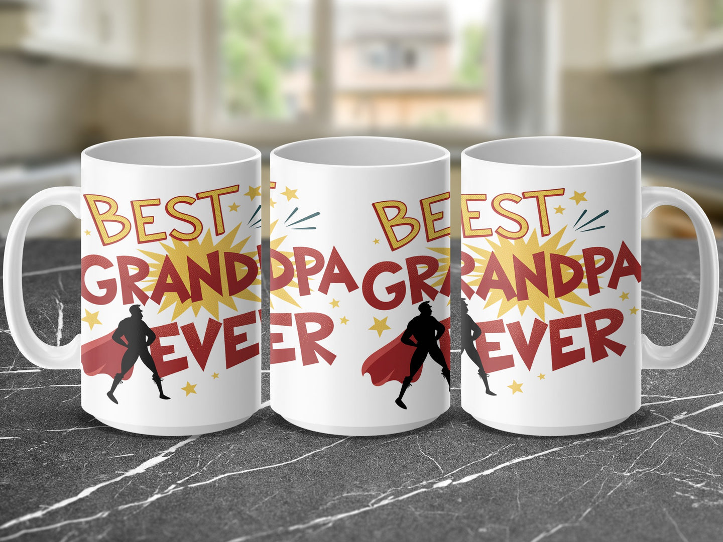 Three mugs with "BEST GRANDPA EVER" and superhero graphics.
