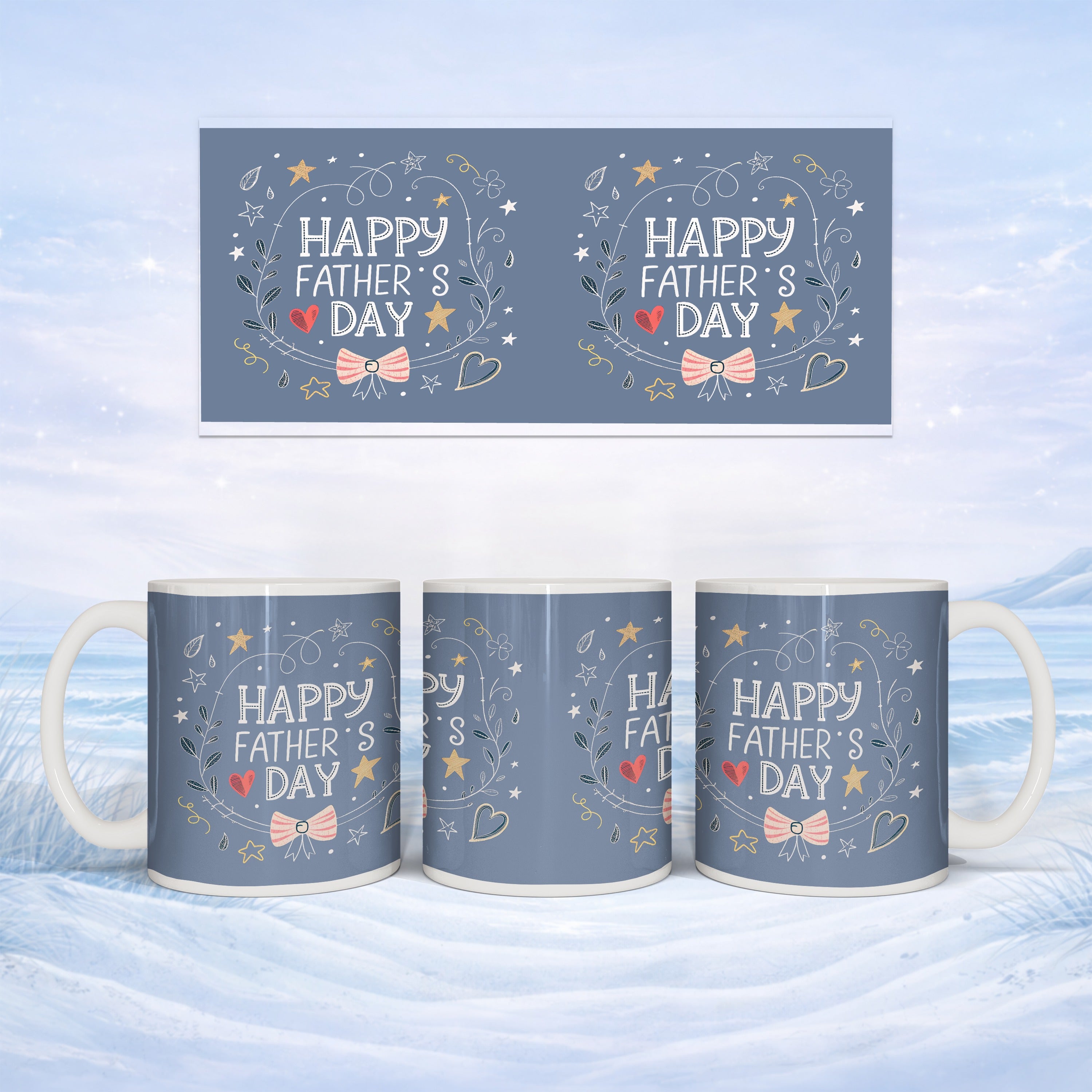 Mug with "Happy Father's Day" design and decorative elements.