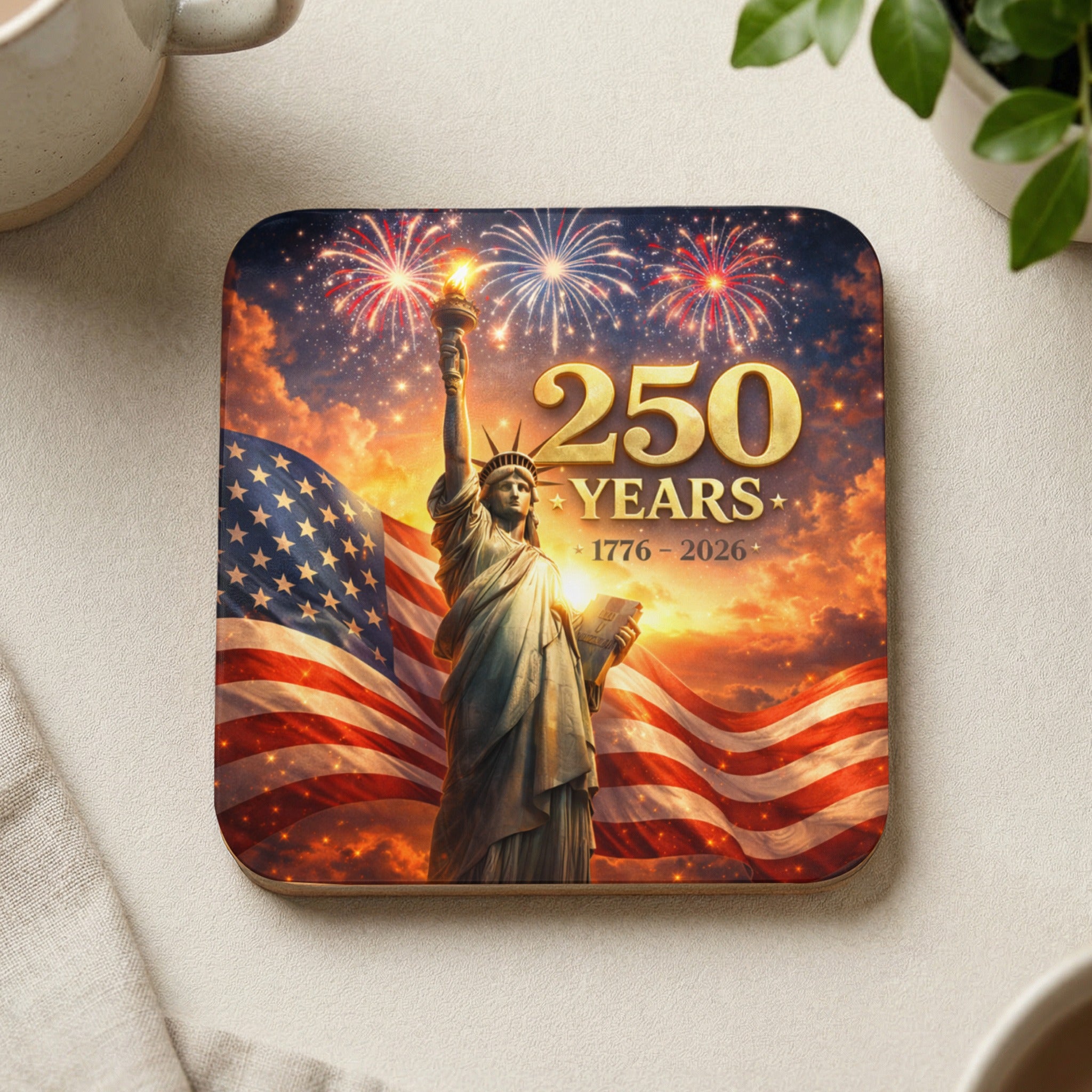 Statue of Liberty with fireworks and American flag, celebrating 250 years.