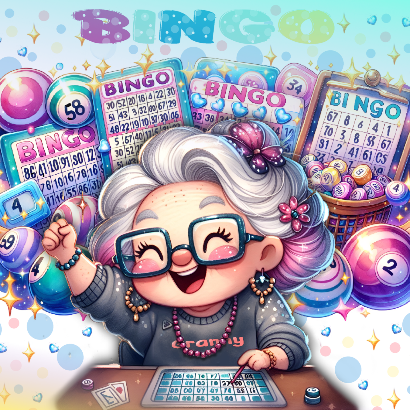 Joyful grandmother playing bingo with colorful balls and cards.