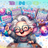 Joyful grandmother playing bingo with colorful balls and cards.