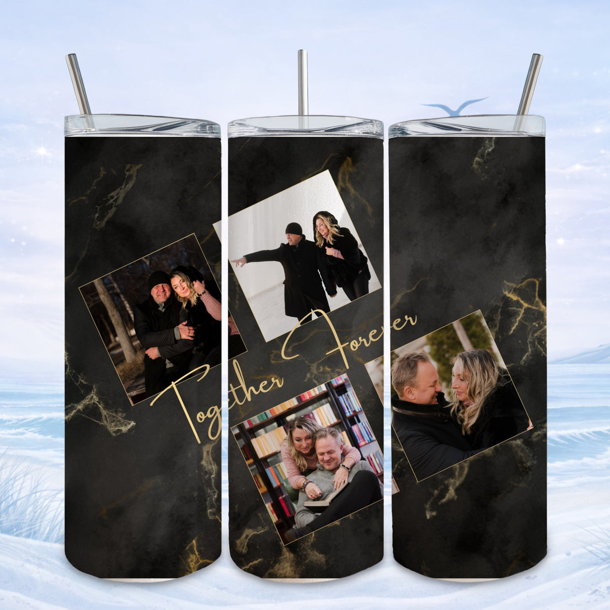 Tumbler with marble background and "Together Forever" text featuring couple photos.