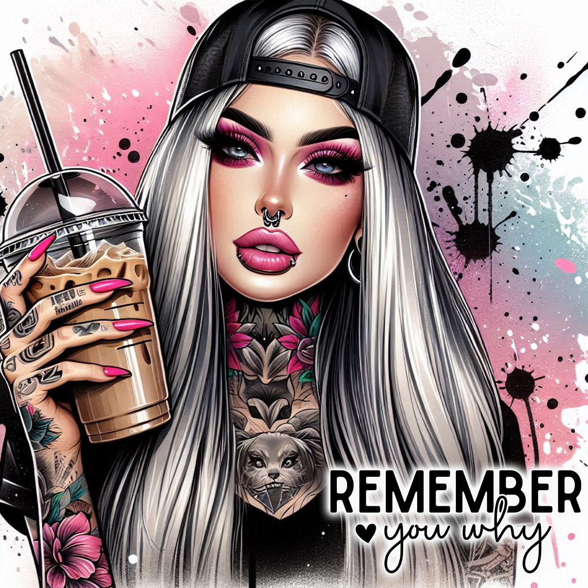 Woman with tattoos, bright makeup, and iced coffee, wearing a baseball cap.