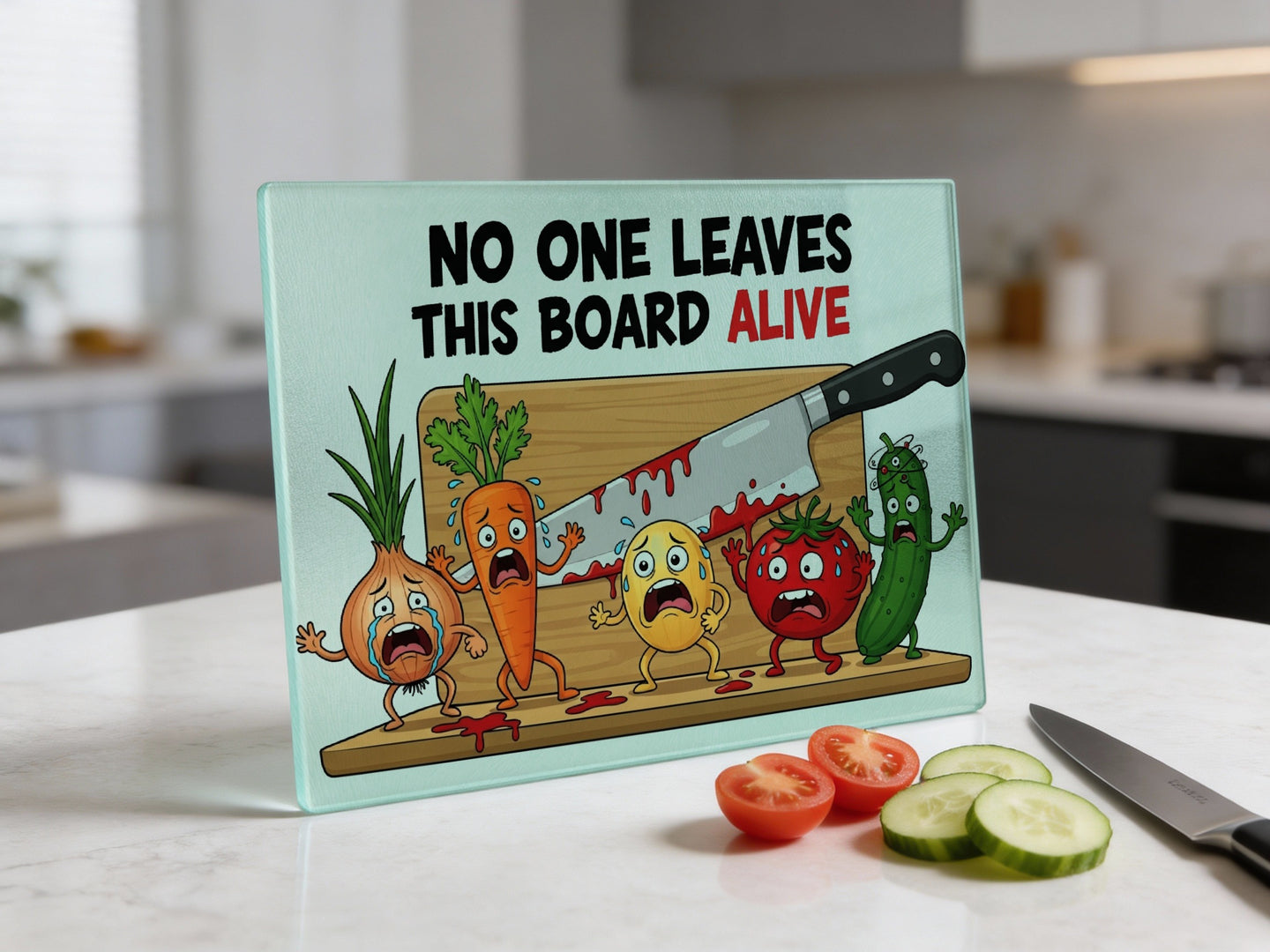 Cartoon vegetables with expressions of fear on a cutting board with a knife.
