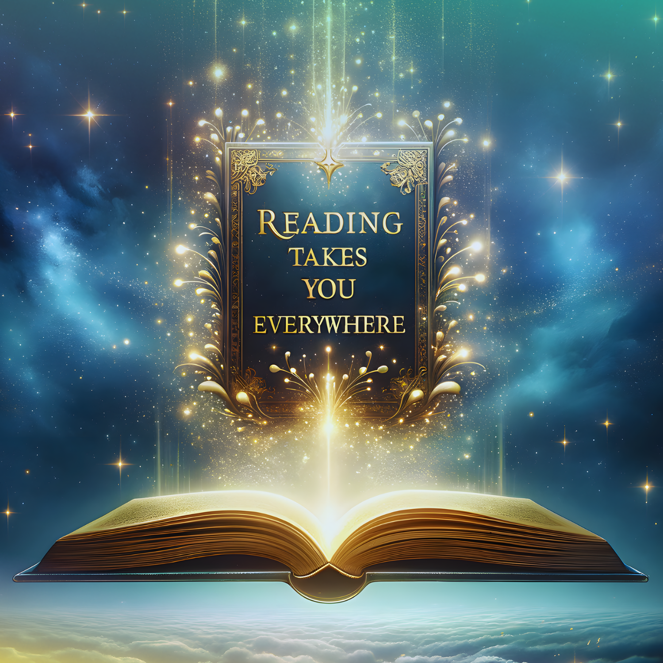 Open book with glowing text "READING TAKES YOU EVERYWHERE" against starry sky.