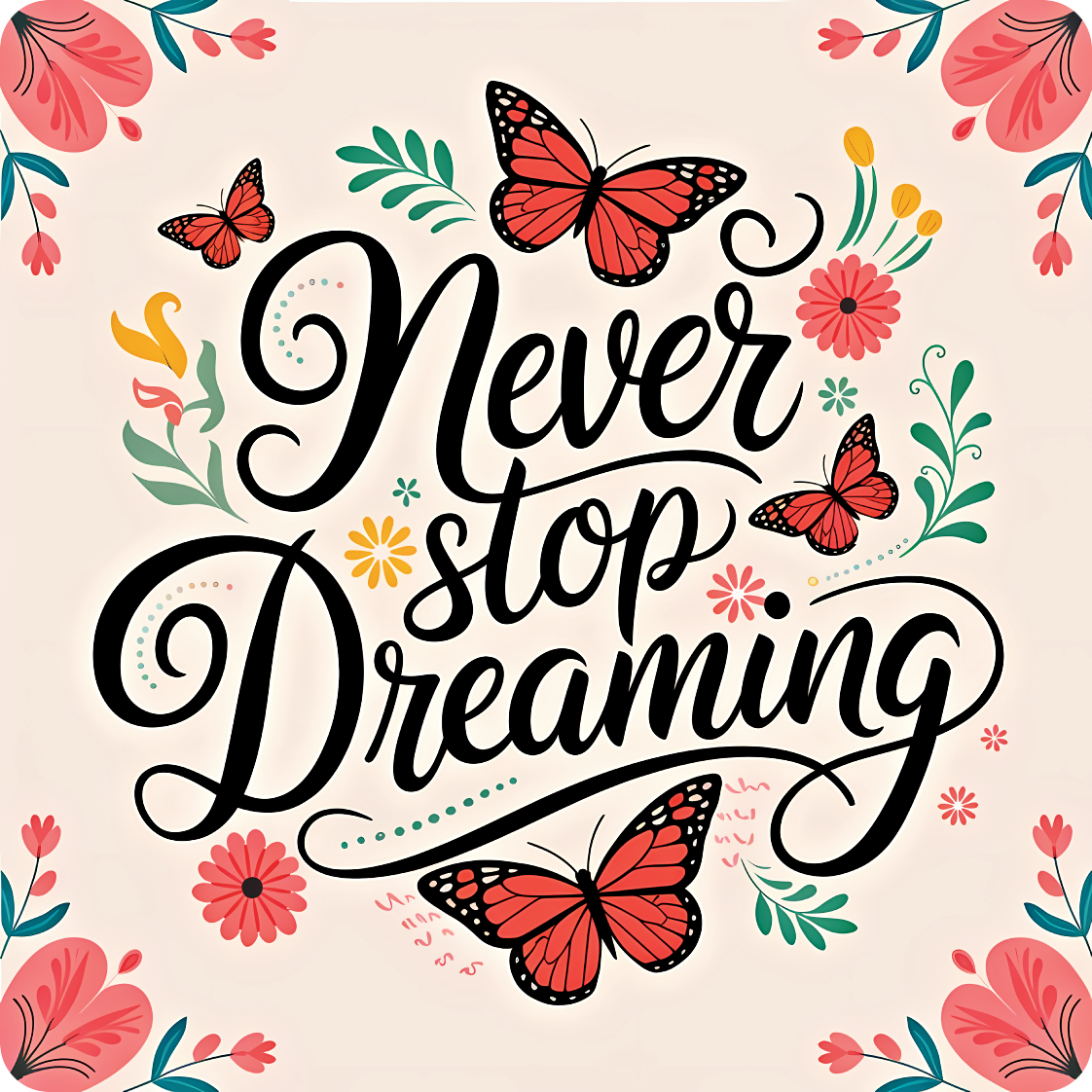 Never stop dreaming text with butterflies and floral accents.