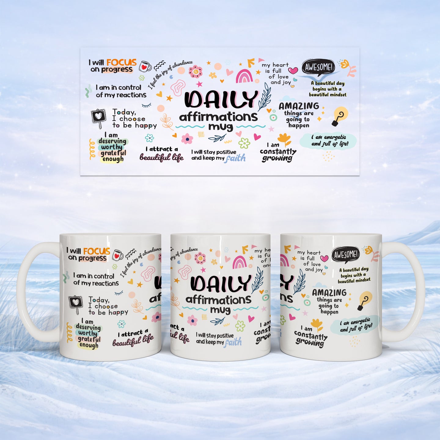 Mugs with "Daily Affirmations" text and positive messages in multiple colors.