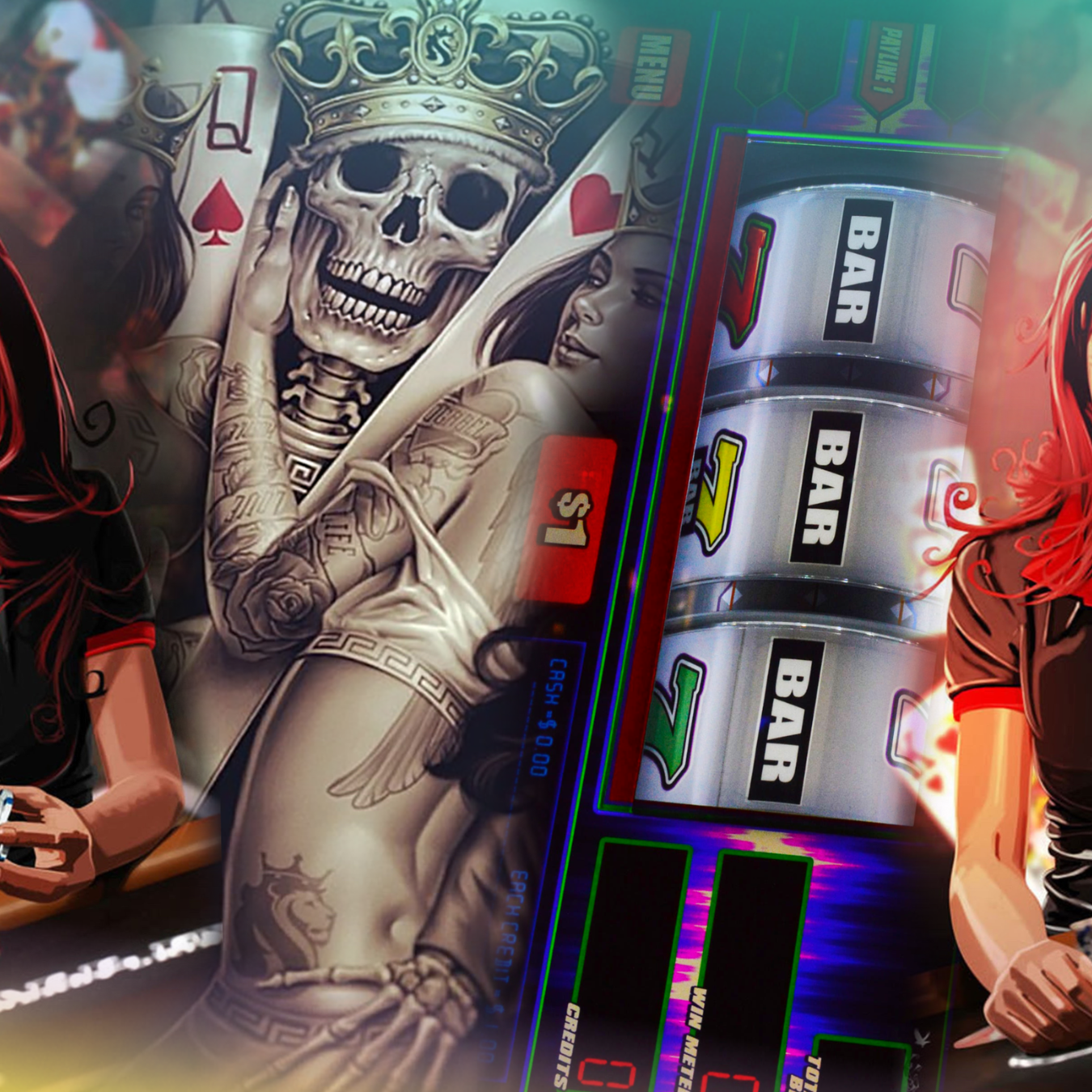 Slot machine reels display BAR symbols; skeleton and woman graphics; win meter and credits visible.