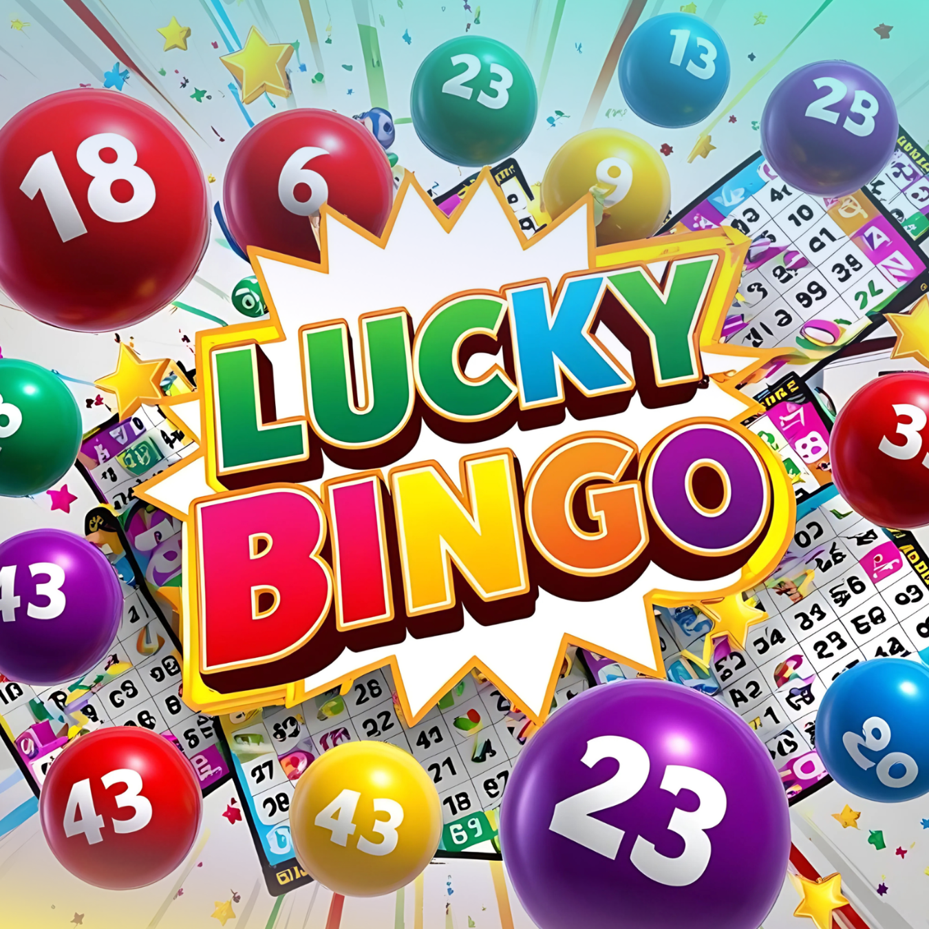 LUCKY BINGO logo surrounded by colorful bingo balls and stars.