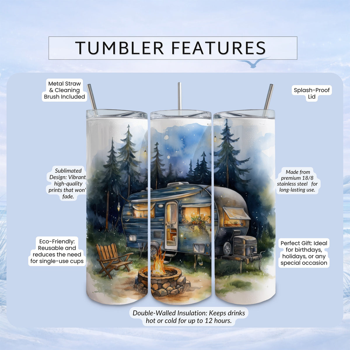 Tumbler with camper scene, featuring metal straw, splash-proof lid, and insulation.