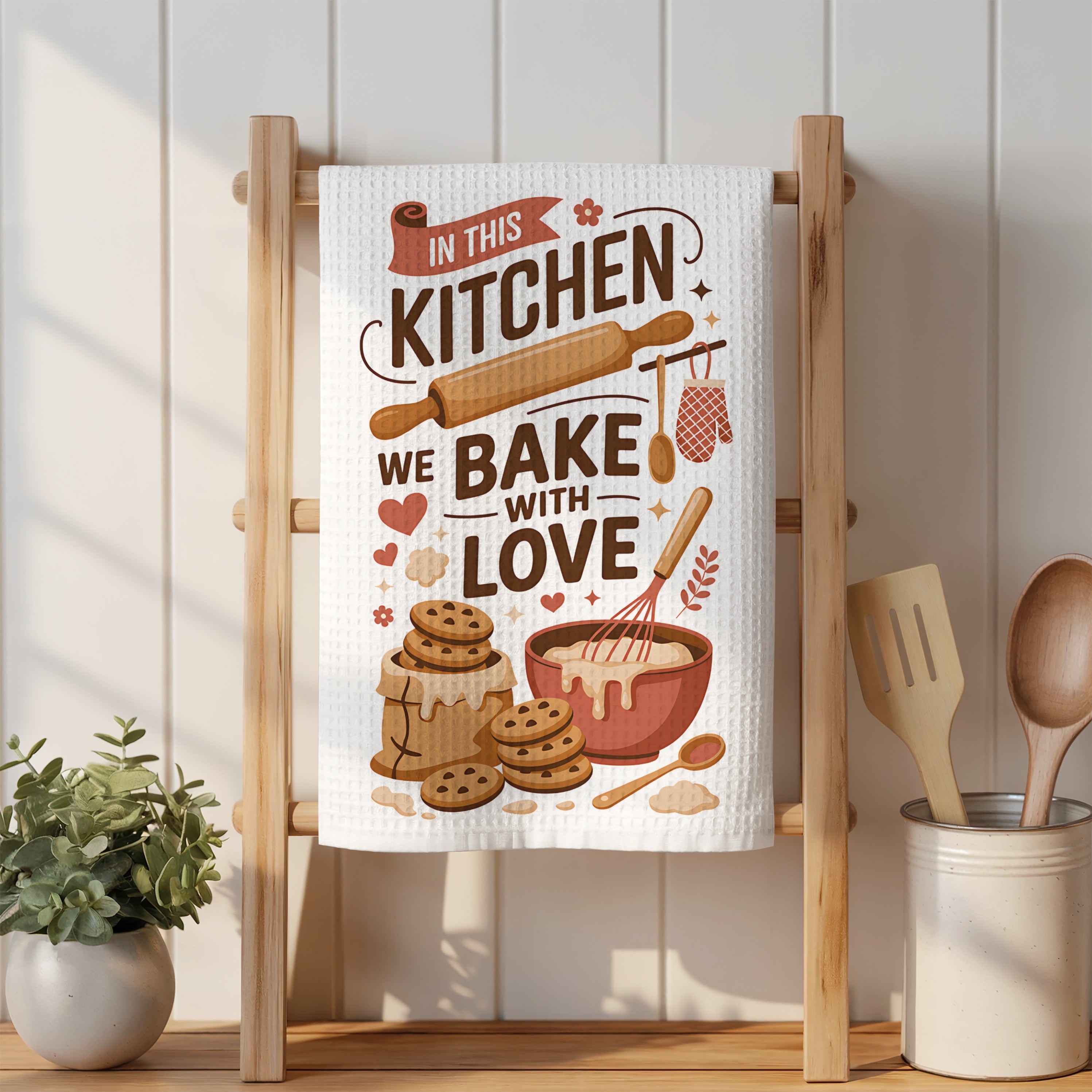 Kitchen towel with "In this kitchen we bake with love" text, cookies, and baking tools.