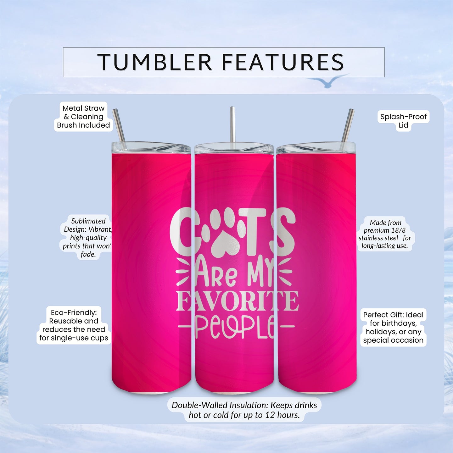 Pink tumbler with "Cats Are My Favorite People" design and features list.