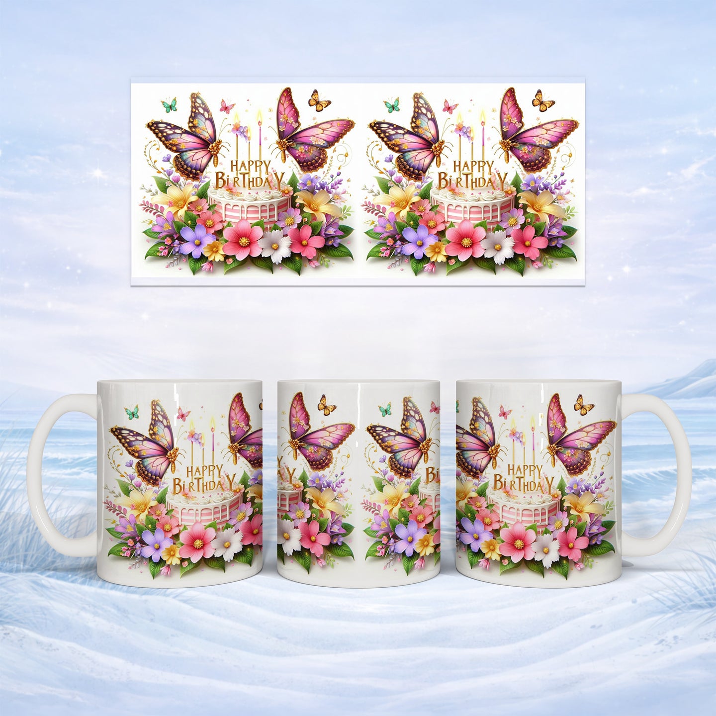 Birthday cake with butterflies and flowers, "Happy Birthday" text on a mug.