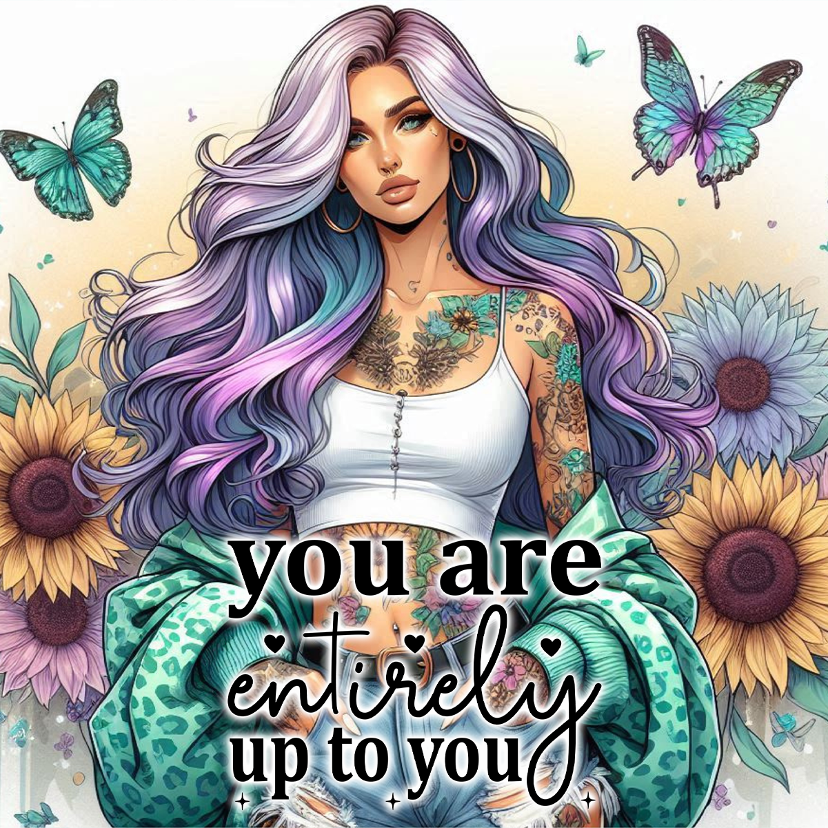 Woman with colorful hair and tattoos, surrounded by sunflowers and butterflies, text says "you are entirely up to you".