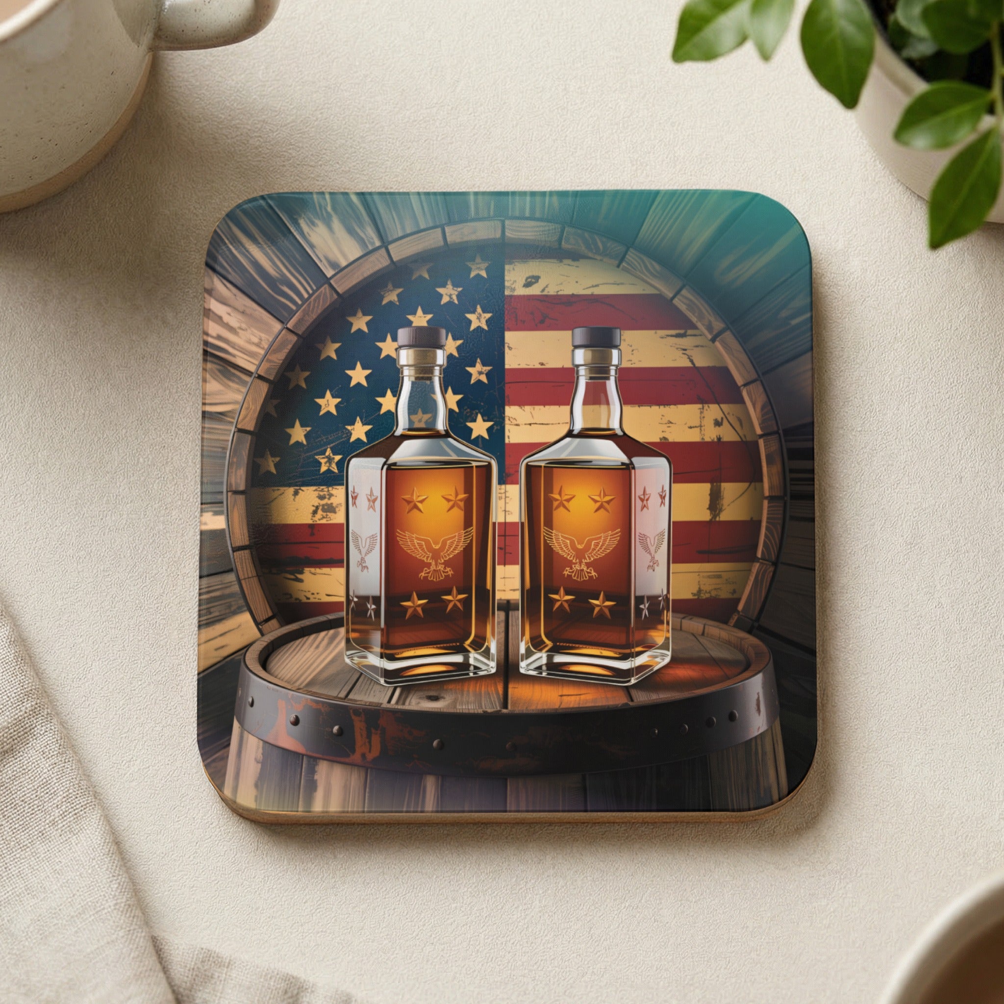 Two whiskey bottles with American flag and eagle on barrel coaster.