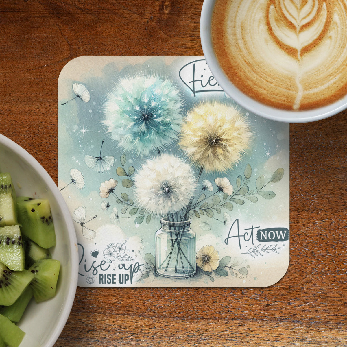 Dandelion bouquet in a jar with inspirational text "Rise Up" and "Act Now".